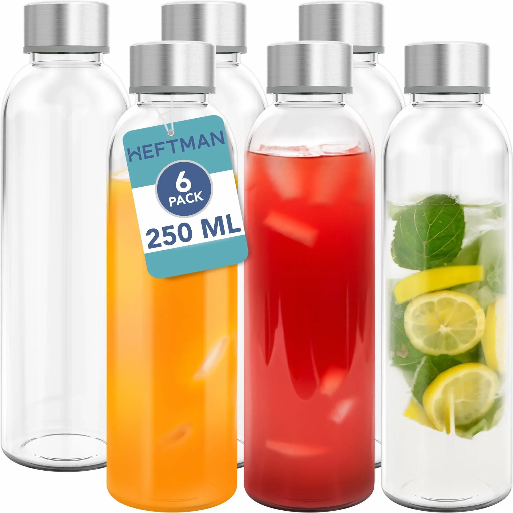 HEFTMAN Butelki szklane 250ml z pokrywkami ze stali nierdzewnej hermetyczne szczelne 6 sztuk