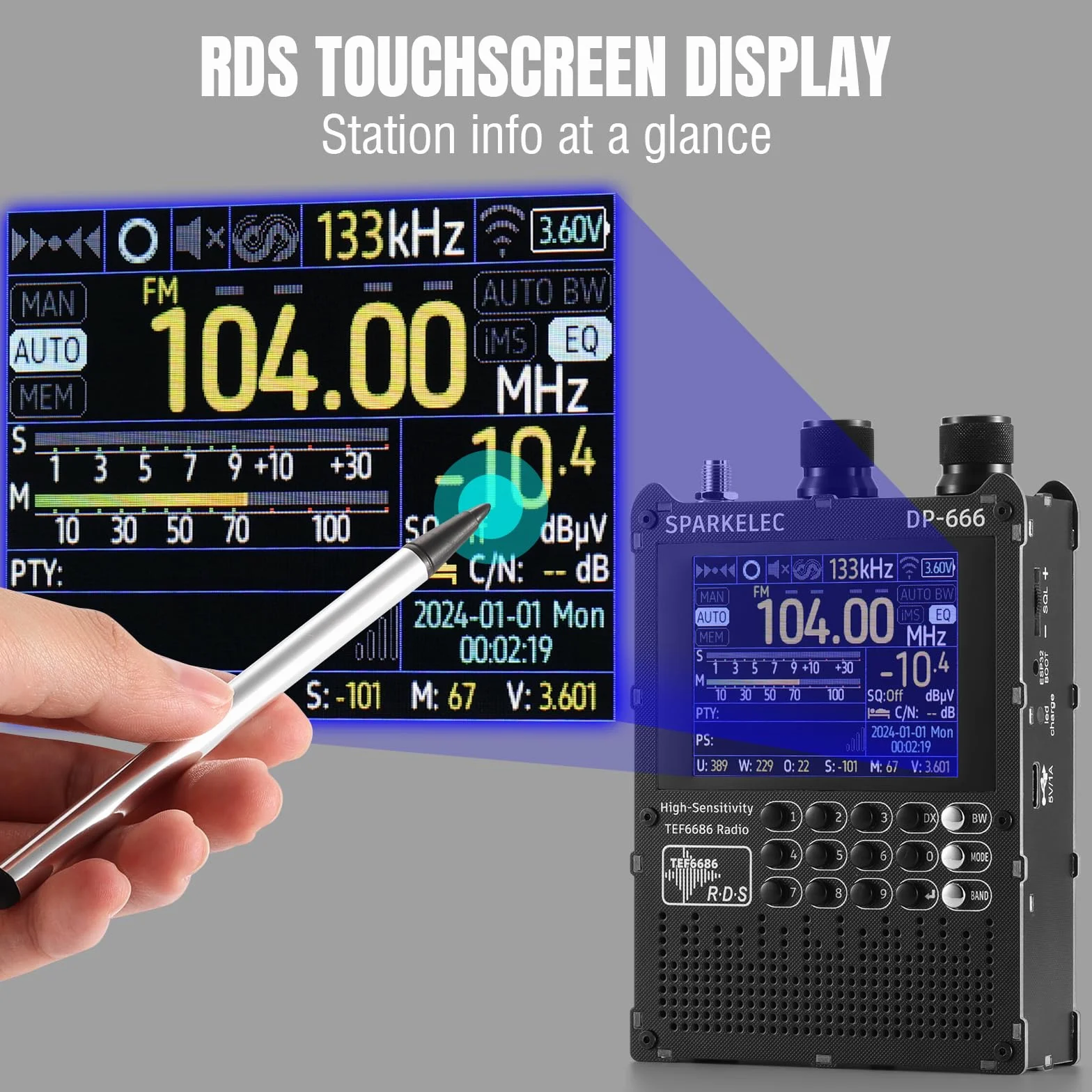 Raddy DP-666 Radio DSP Wielozakresowe Chip TEF6686, Profesjonalny Odbiornik AM/FM/LW/MW/SW RDS, 2,8" Ekran Dotykowy + Stylus, Bateria 5000mAh, Antena Teleskop. & Donut, Przenośne z Aktualizacją FW
