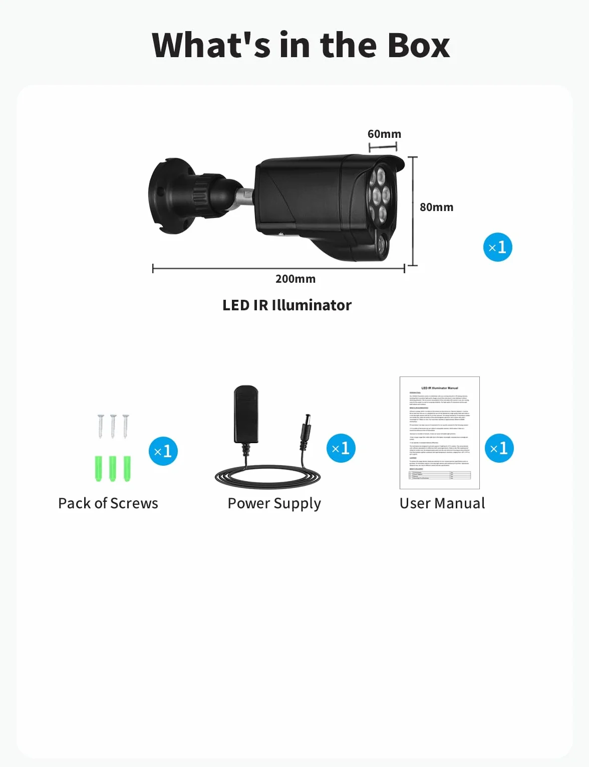 Lonnky 8-LED Oświetlacz Podczerwieni do Kamer IP, CCTV i VR (Quest, Quest 2, Quest 3, VR2 Playstation, PS5 VR2), 90° Widzenie Nocne, 30M Światło IR, Zawiera Zasilacz 12V 1A - Czarny