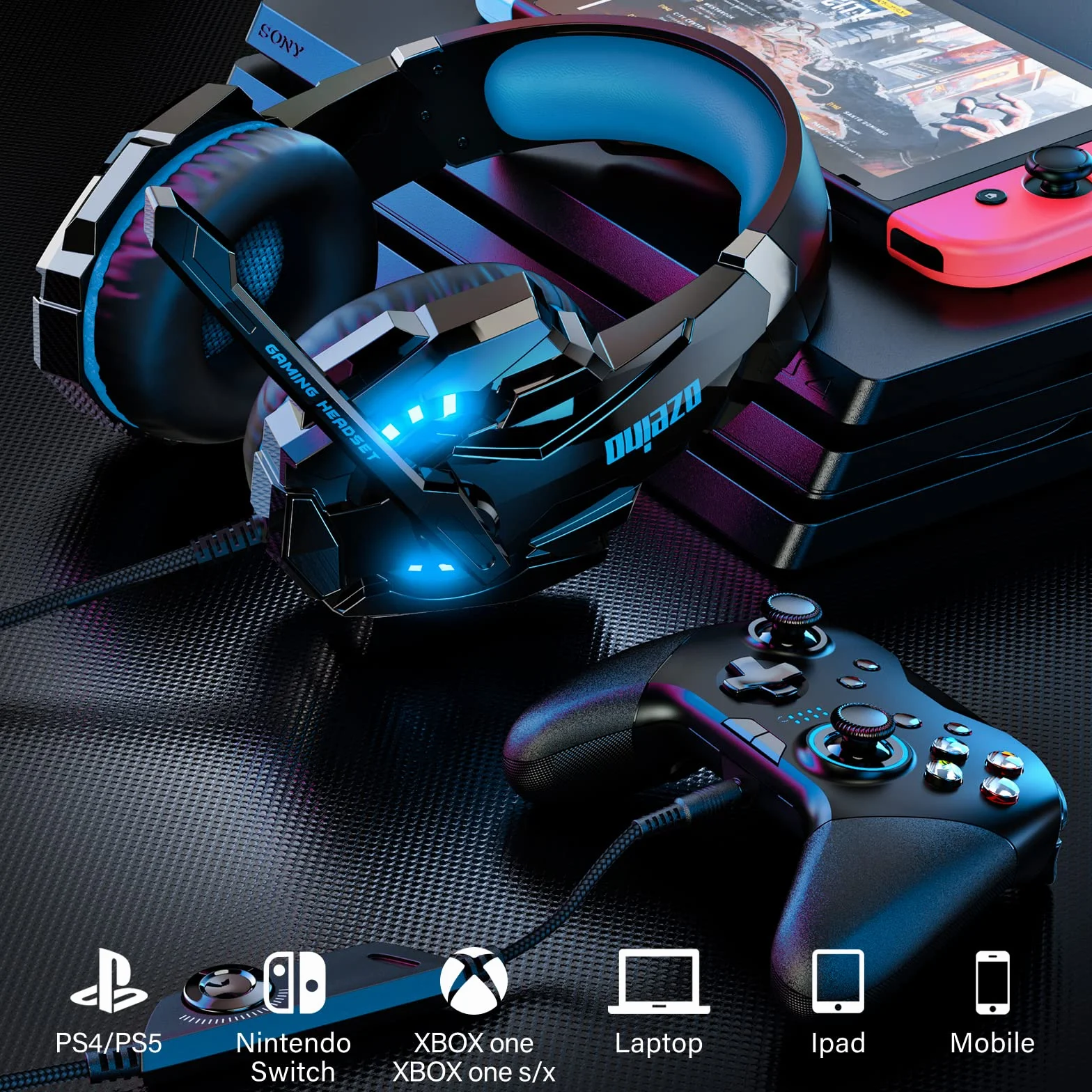 Ozeino Zestaw słuchawkowy gamingowy do PS4 PS5 3D Surround Sound Noise Cancelling, słuchawki z mikrofonem do PC Xbox One Switch z oświetleniem LED