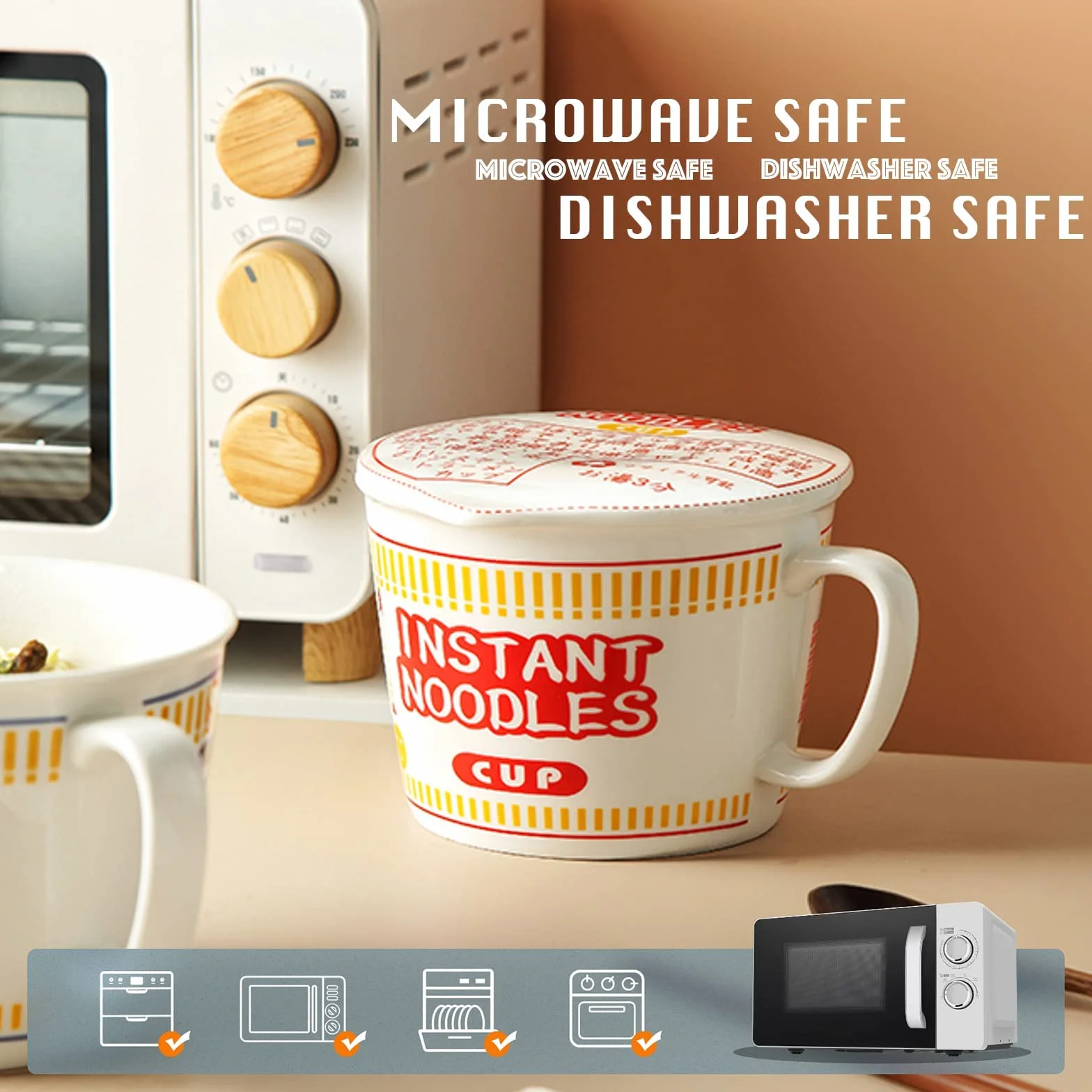 Ceramiczna miska na makaron 1000 ml z pokrywką, zestaw z widelcem, niebieska