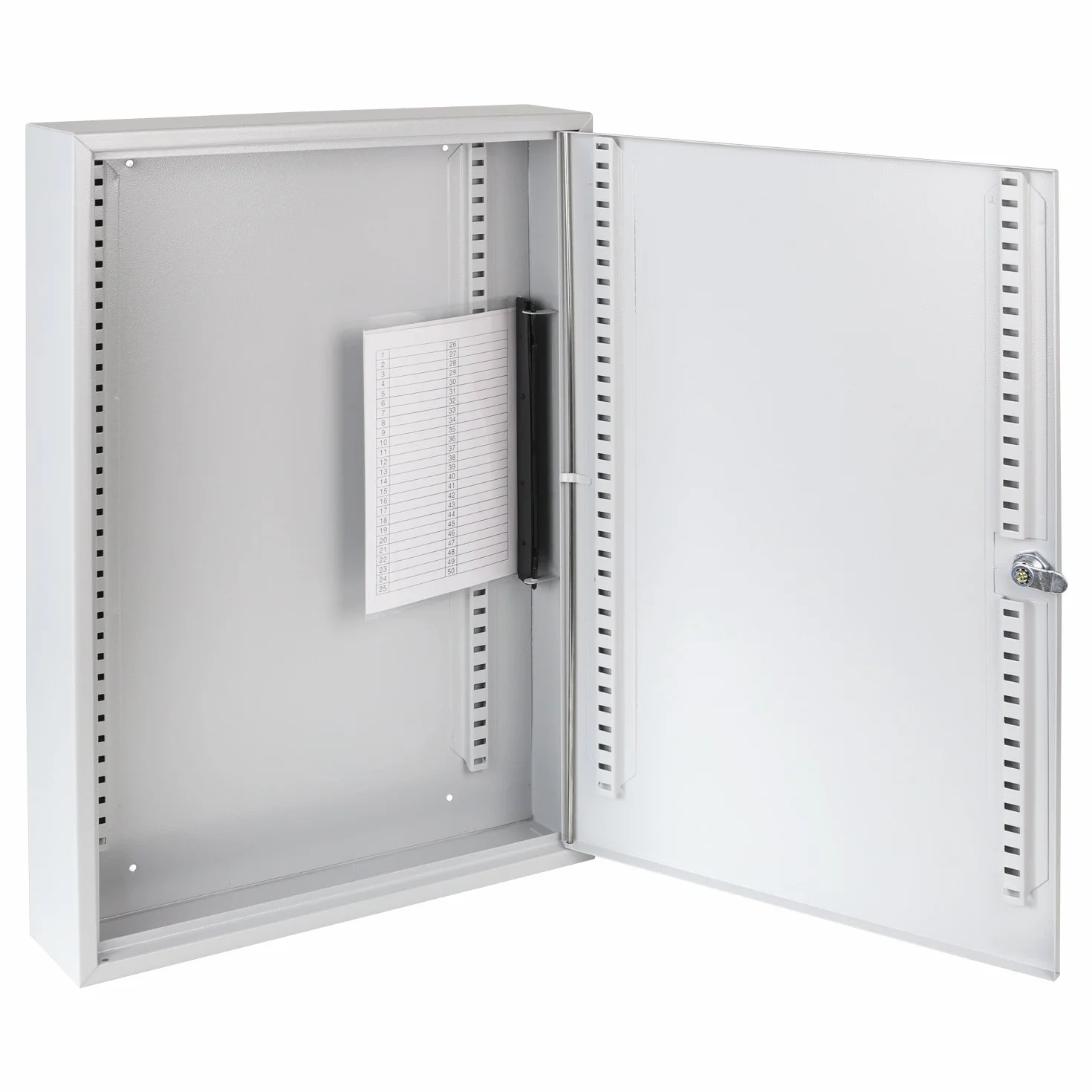 HMF 135100-07 szafka na klucze, 100 haczyków, regulowane listwy z haczykami, 55,0 x 38,0 x 8,0 cm, jasnoszara