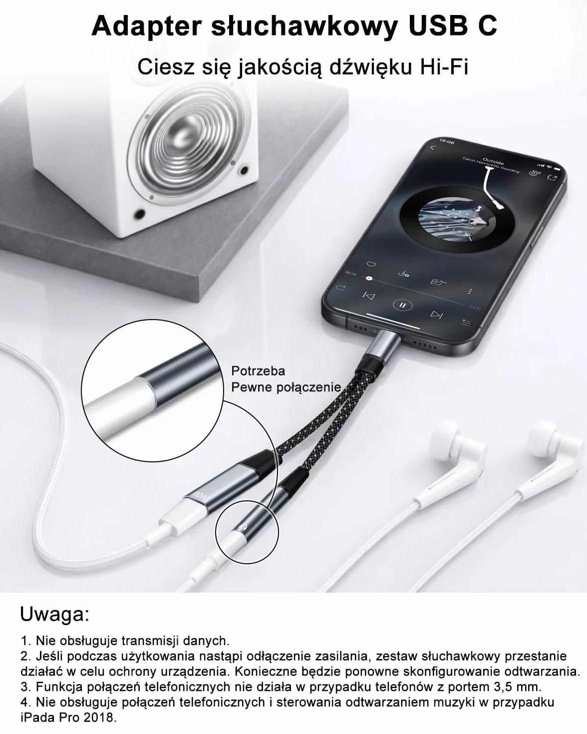Adapter 2 w 1 USB C na gniazdo 3,5 mm, adapter typu C na gniazdo 3,5 mm i rozdzielacz szybkiego ładowania 60 W, złącze Aux USB C to 3.5 dla iPhone 17 16 15 Pro, Sumsung S24/S23/S22/S21, Pixel 9 8 7