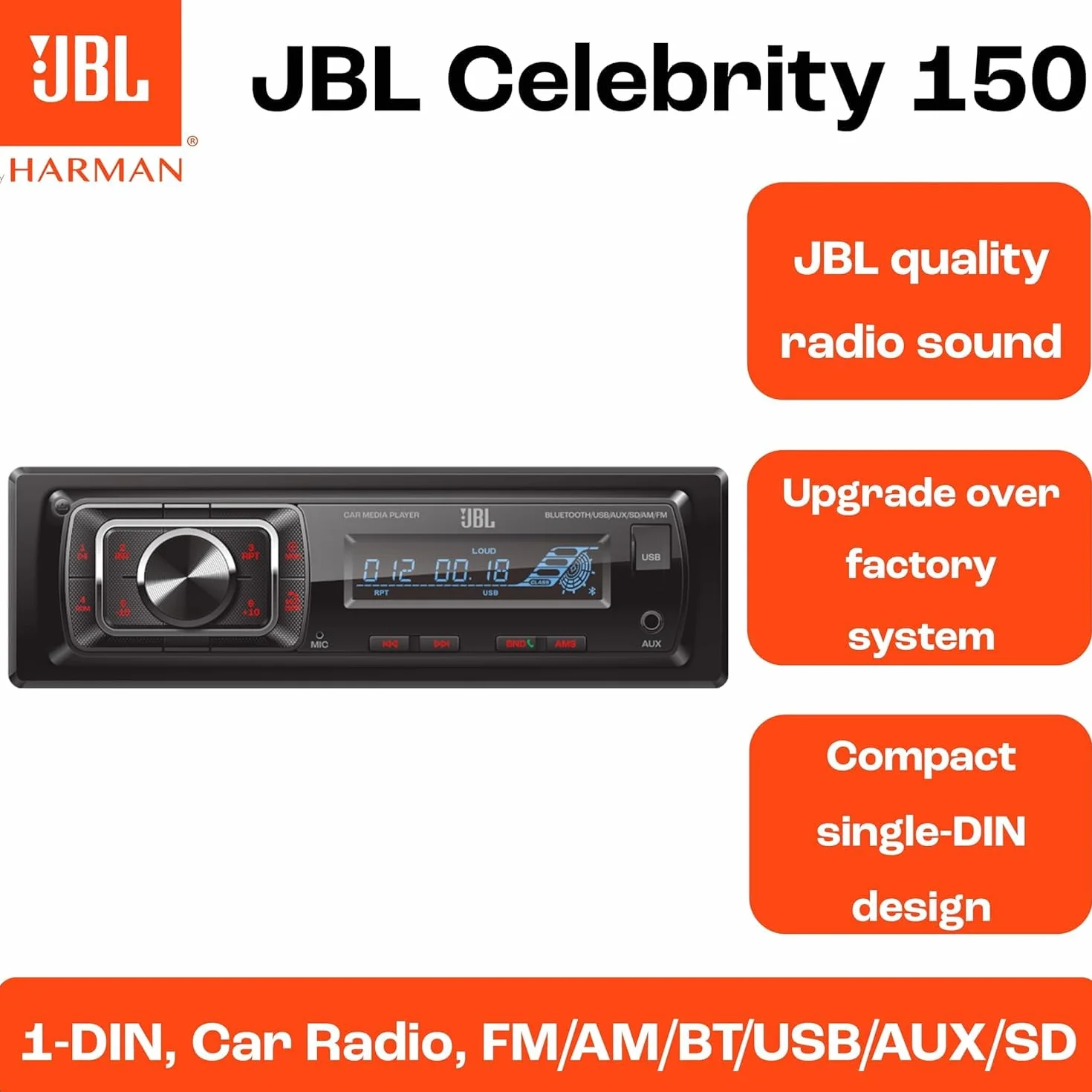 JBL Radio samochodowe Bluetooth Celebrity 150 firmy Harman Kardon, 1 DIN 4 x 50 W AM/FM Radio z Bluetooth Streaming i zestawem głośnomówiącym do samochodu ze zdejmowanym wyświetlaczem, USB, SD, AUX i