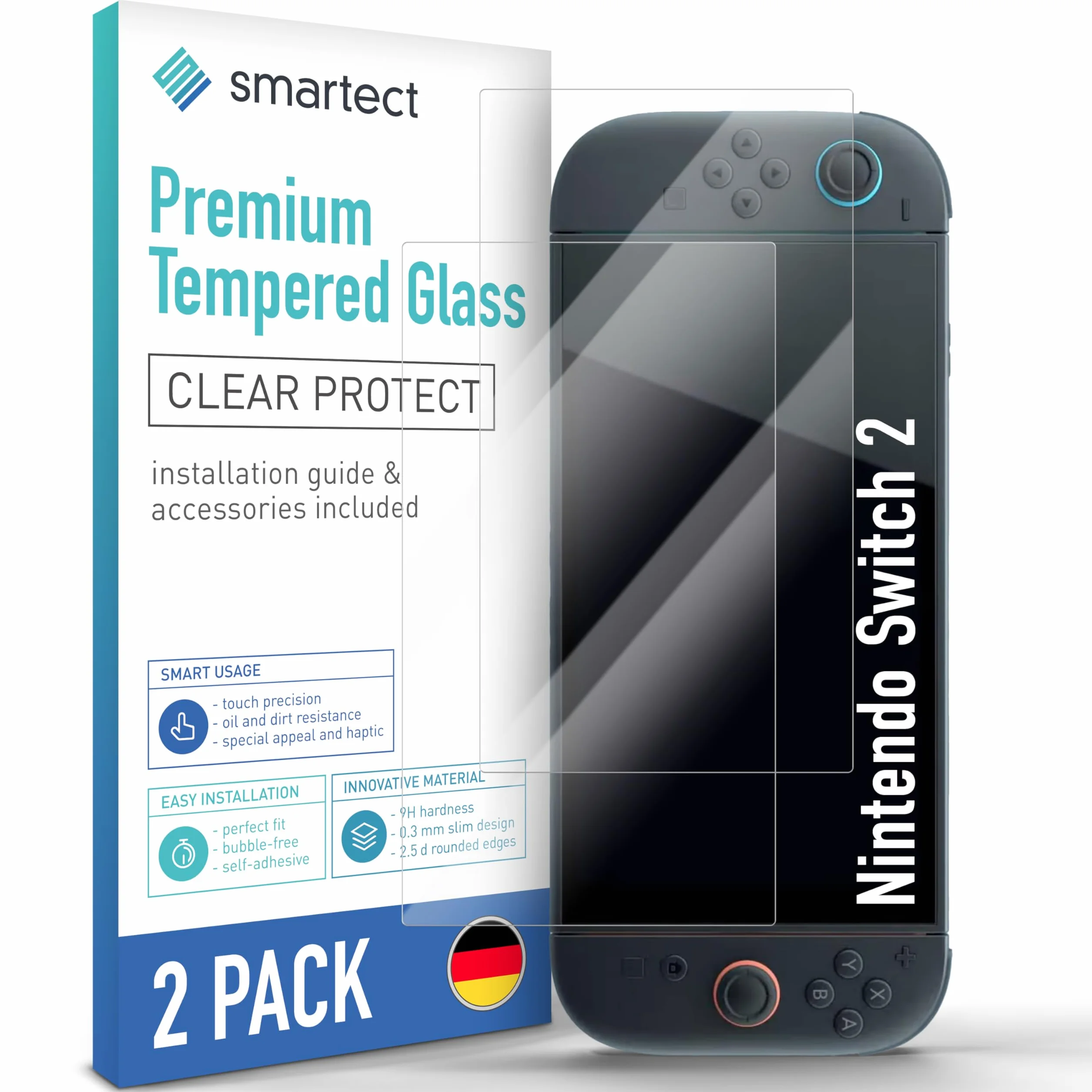smartect Szkło Hartowane [2 Sztuki, Clear] dla Nintendo Switch 2, Szklana Ochrona Ekranu 9H, Ochraniacz Ekranu bez Pęcherzyków, Bez Odcisków palców
