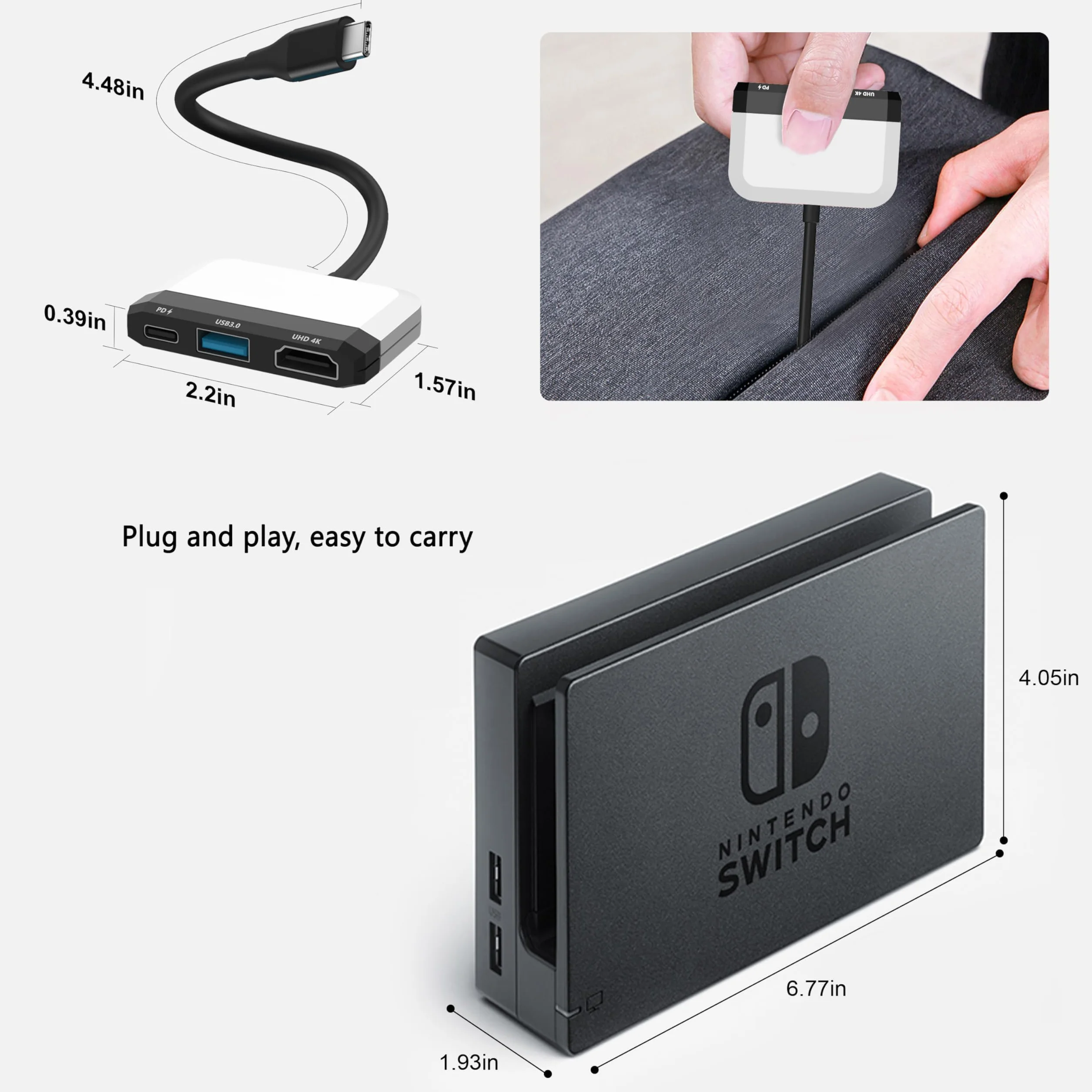 Przełącznik Dock do Nintendo Switch/OLED, 3 w 1 adapter TV, HDMI 4K, USB 3.0, ładowanie typu C 100 W PD, przenośna mini stacja dokująca, platformy Steam, laptopa