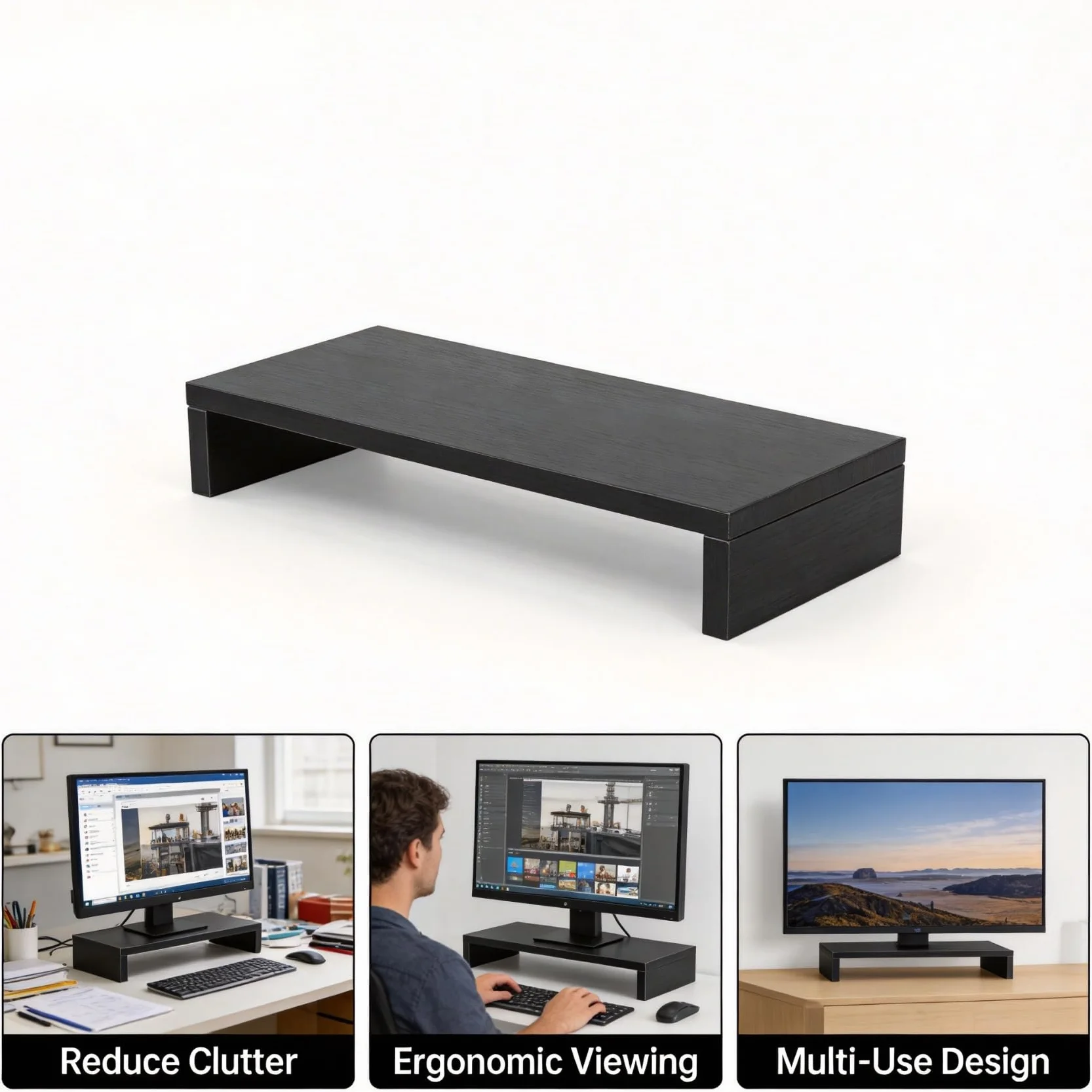 Podstawka pod monitor z drewna, organizer na biurko, LED, LCD, podwyższenie monitora komputera, notebooka, TV, uchwyt, organizer, regał, 50 x 20 x 7,7 cm (czarny)