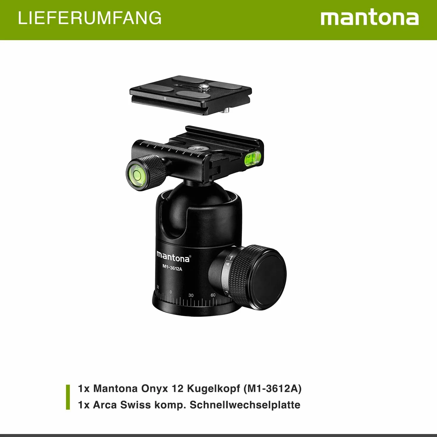 Mantona Onyx 12 głowic kulowych (M1-3612A) Arca-Swiss kompatybilna płytka szybkiego montażu 50 mm, profesjonalne wykonanie dla lustrzanki cyfrowej, kamery cyfrowej, kamery cyfrowej, kamkordera czarna