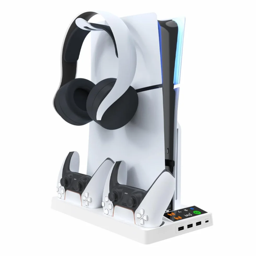 Pionowy stojak chłodzący zamiennik do konsoli PS5 Pro, stojak do gier z kontrolerem, stacja ładująca do PlayStation 5 Pro, z haczykiem na wieszak na słuchawki (biały)