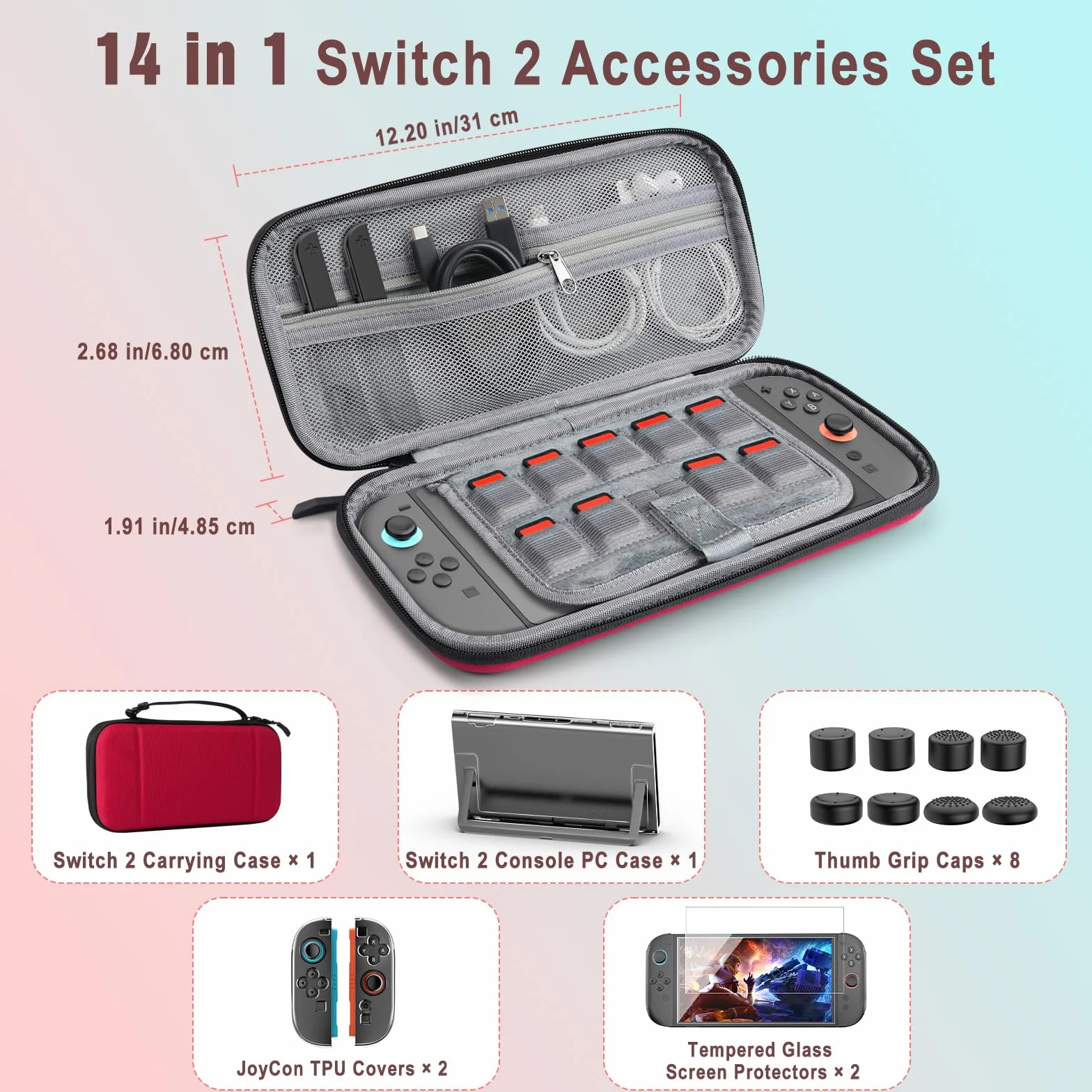 TiMOVO Accessories Bundle Kit for Nintendo Switch 2, 14 in 1 Switch 2 Accessories with Carrying Case, PC Protective Cover, TPU JoyCon Case, 2 Pack Screen Protectors and 8 Pack Thumb Grip Caps, Red