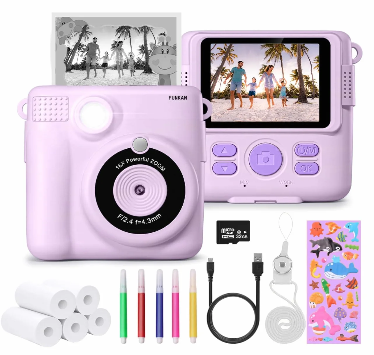 Aparat fotograficzny dla dzieci Natychmiastowe drukowanie,- 2,4" HD 1080P- z kartą SD 32GB, 5 markerów, naklejki, 5 rolek papieru, wisiorek. Aparat dla dzieci i dziewcząt. (Fioletowy)