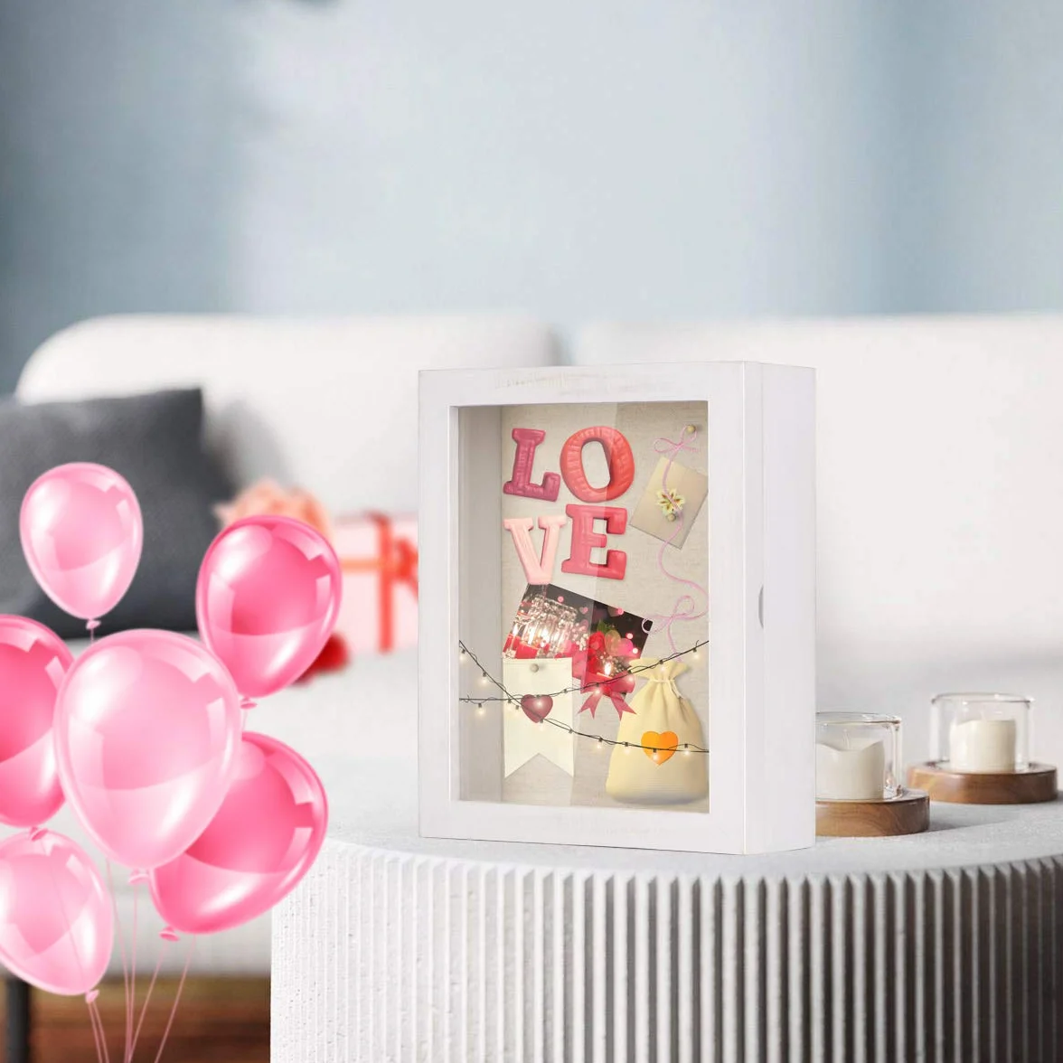 Love-KANKEI Ramka na zdjęcia 3D, 28 x 35 cm, drewniana ramka na obiekty do napełniania, z 8 szpilkami, prezent dla rodziny, przyjaciół itp. (kolor biały)