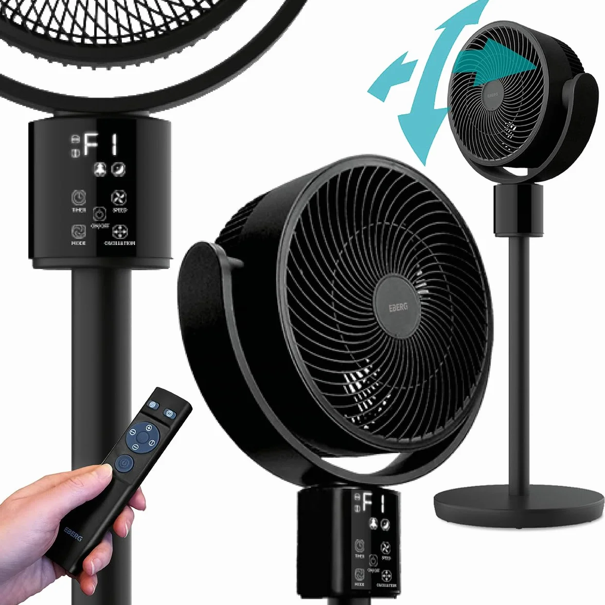 EBERG GOX wentylator stojący 4D z pilotem i timerem 15h, oscylacja, regulowana wysokość 64,5-92 cm, czarny