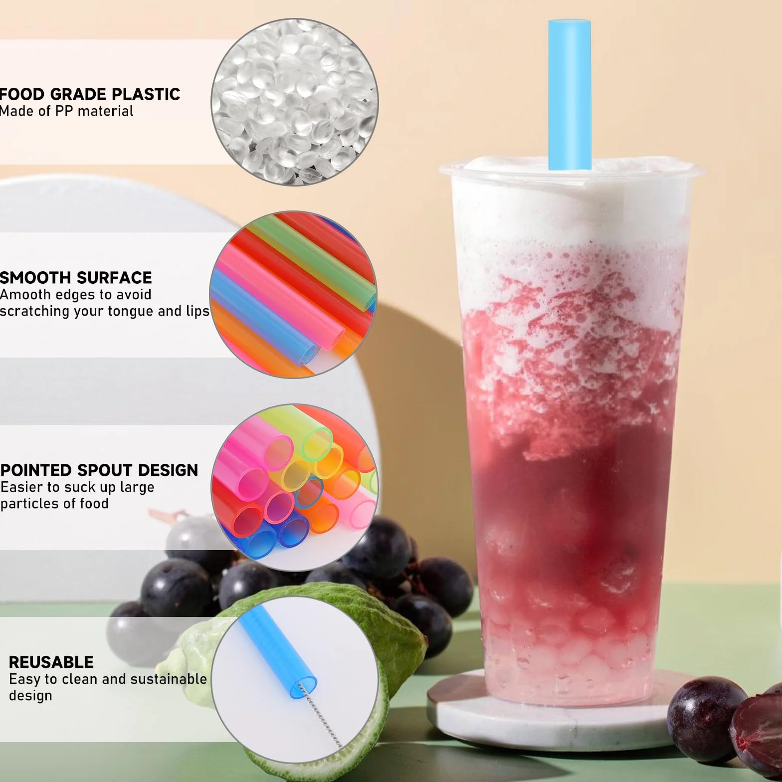 Słomki do Bubble Tea Jumbo 10x260mm wielokrotnego użytku kolorowe z szczotką czyszczącą