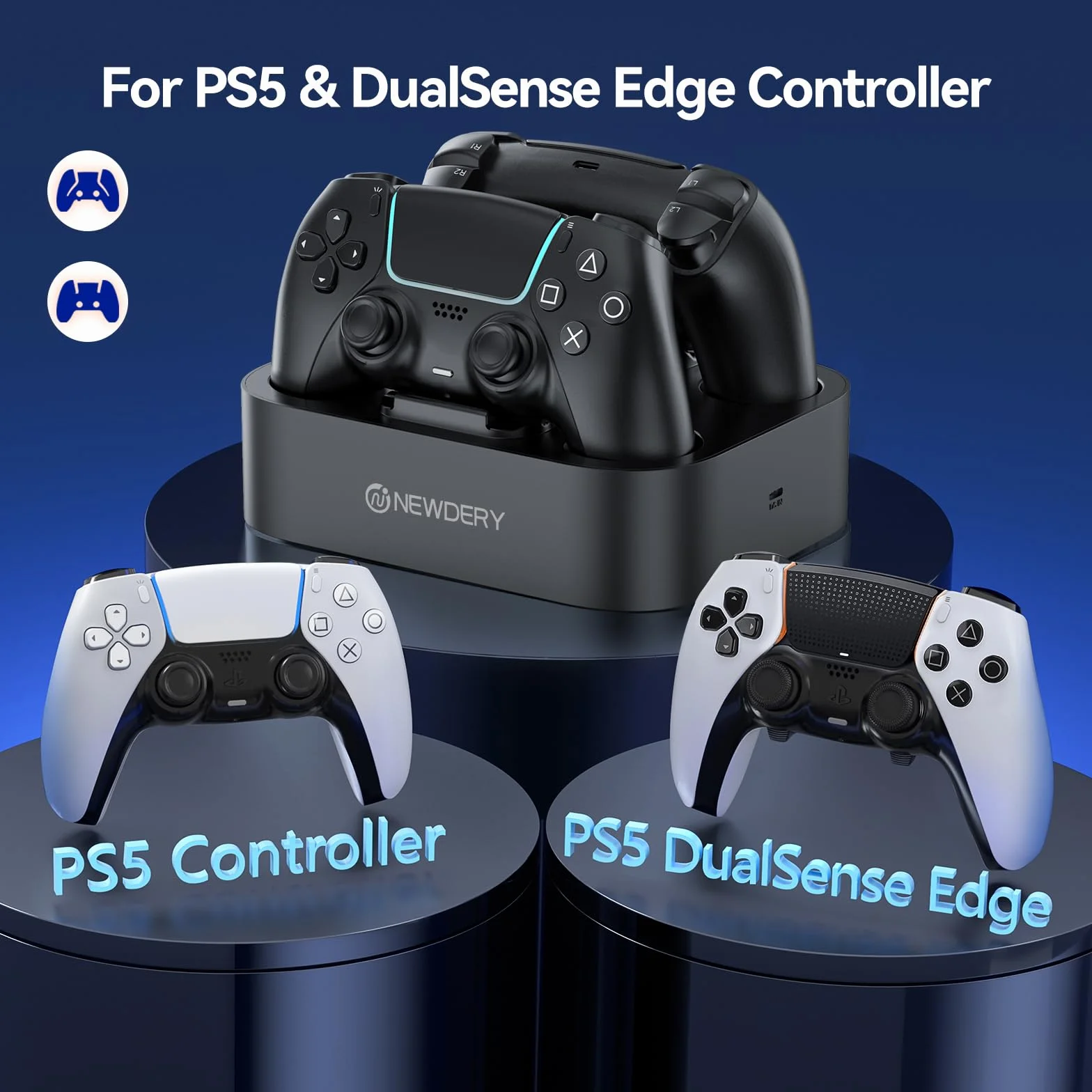 NEWDERY PS5 kontroler stacja ładująca szybka ładowarka kontrolery PlayStadion 5 Dual Sense Stand z podświetlanymi wskaźnikami LED/szybkie ładowanie/ładowarka Tri-Protection