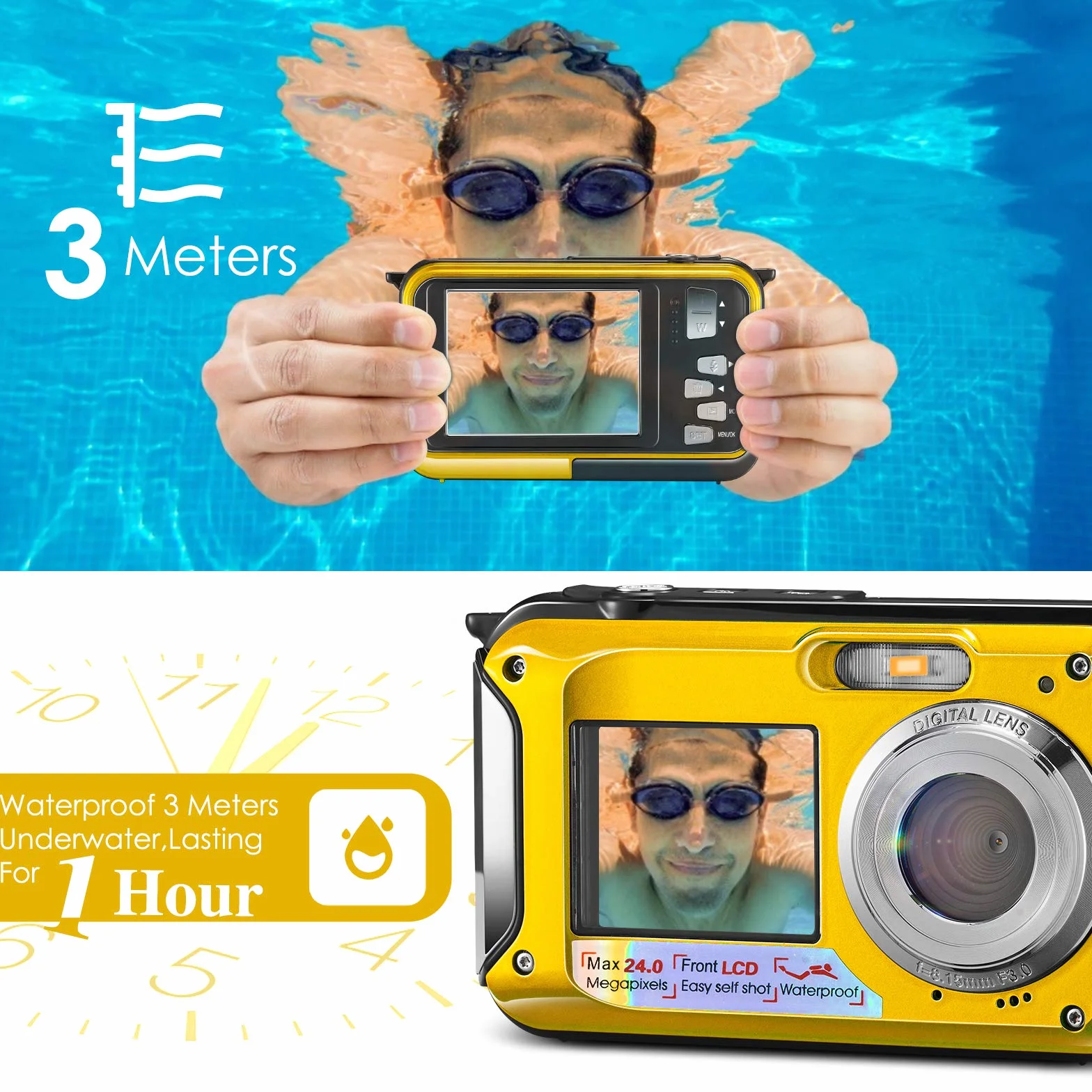 Aomdom Full HD 2,7K 48MP wodoodporna kamera do nurkowania z zoomem cyfrowym 16 x wodoodporna kamera z podwójnym ekranem Sport Camera z opóźniającym mikrofonem LED