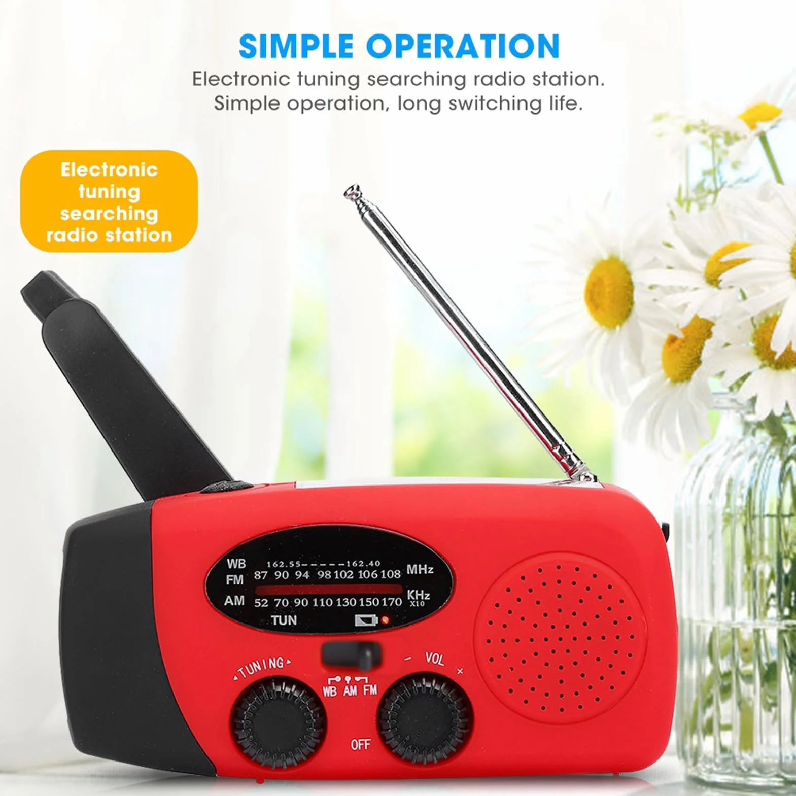 Solarne radio z korbą ręczną, przenośne radio awaryjne AM/FM do zewnętrznej ładowarki USB generuje energię elektryczną, ładowanie słoneczne, światło LED, zapobieganie katastrofom z funkcją NOAA