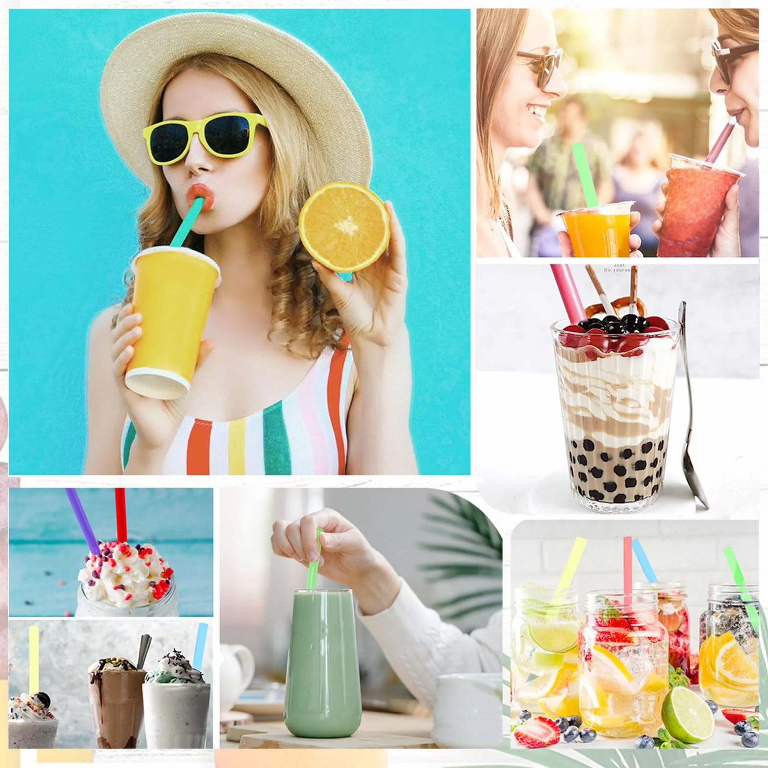 Słomki do Bubble Tea Jumbo 10x260mm wielokrotnego użytku kolorowe z szczotką czyszczącą