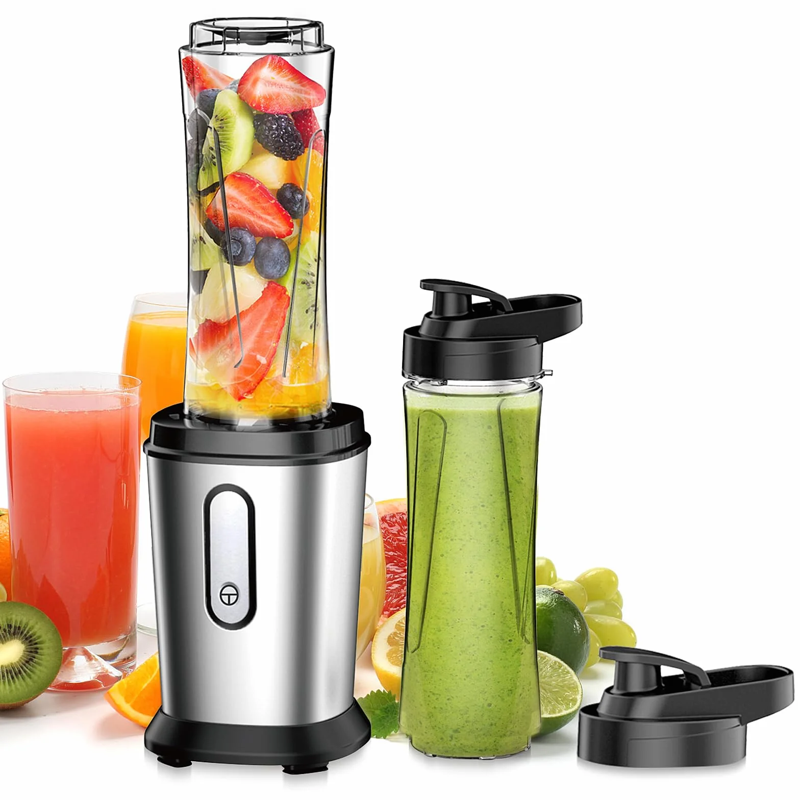 Mikser 500 W, mini stojący, smoothie Maker z butelkami 2 x 600 ml, bez BPA, tritan, przenośny z stali nierdzewnej, 4 arkusze do shake, do smoothie i posiłków