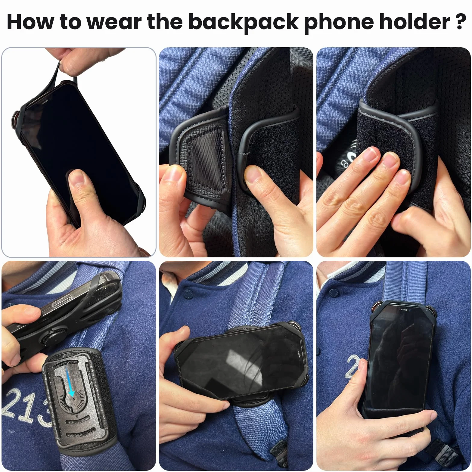Cikyner Uchwyt na telefon komórkowy, plecak 2 w 1, uchwyt na telefon na paski plecaka, obracany o 360°, zdejmowany uchwyt na telefon komórkowy do iPhone'a 4,5-7", Huawei, na kemping i wędrówki