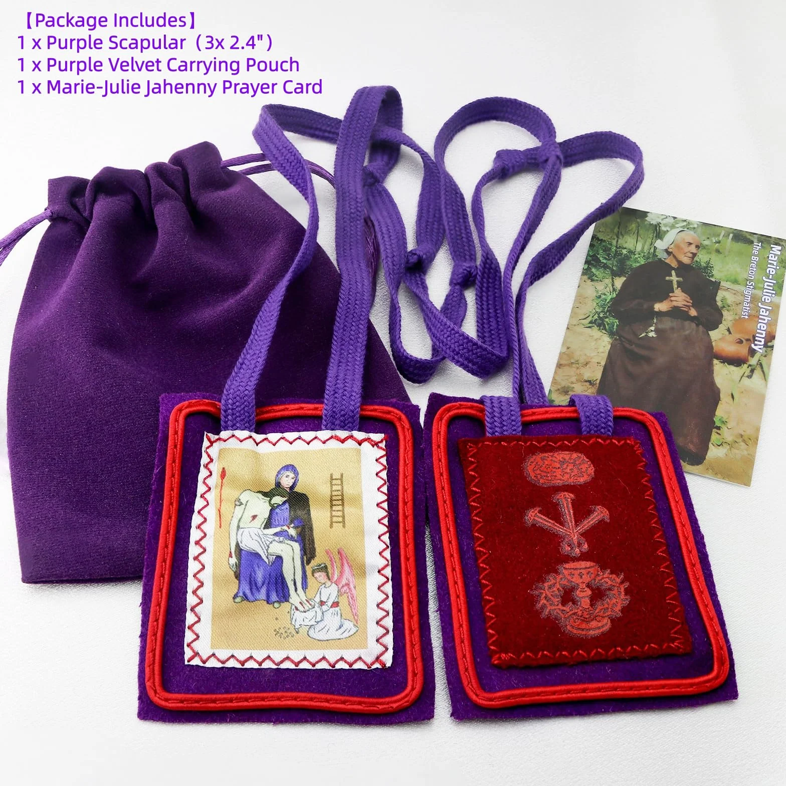 MERCILIA MEISHILAI 7,6 x 6,3 cm fioletowa szkaplerz - Escapulario Morado de Bendición y Protección wełniana szkaplerz na czasy końcowe - zawiera fioletową aksamitną torebkę i kartę modlitewną