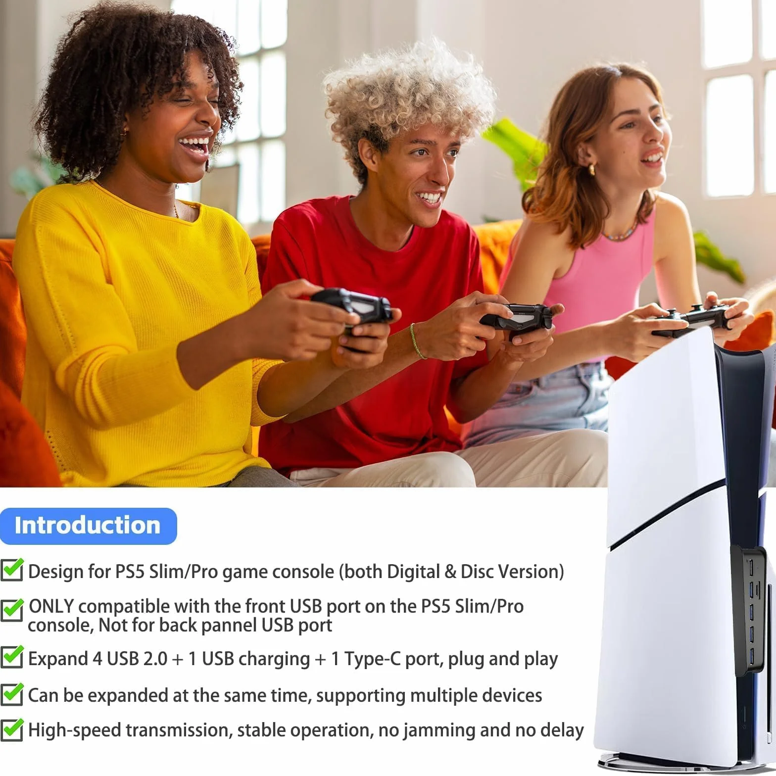 Hub 6 portów USB do konsoli PS5 Pro/Slim, High-Speed Expander Hub z 4 portami USB-A 2.0 + 1 port ładowania USB + 1 złącze typu C, kompatybilny z gniazdami przednimi PlayStation 5 Pro/Slim