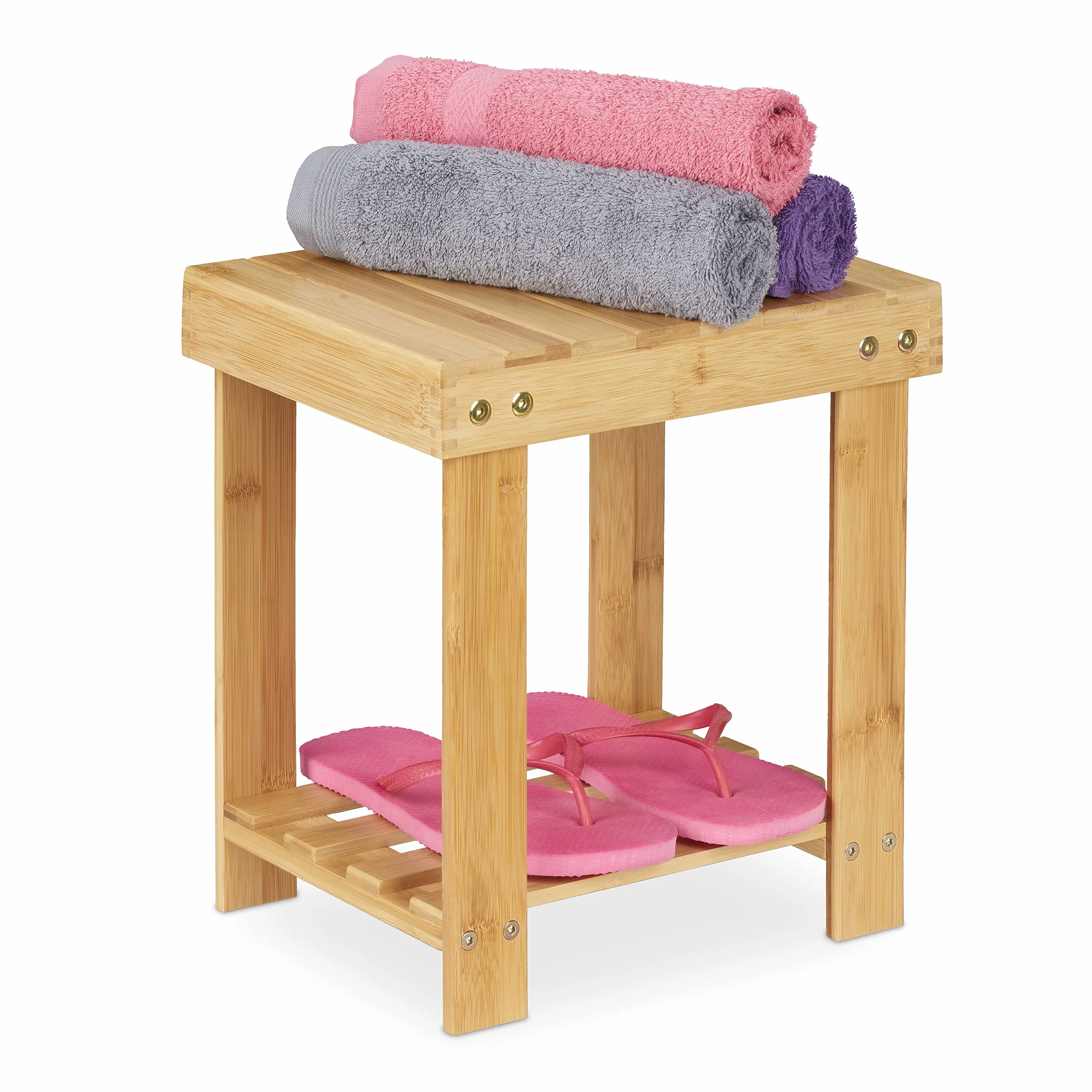 Relaxdays Podnóżek bambusowy, do 100 kg, stabilny podnóżek, taboret dziecięcy, do łazienki, podnóżek, wys. x szer. x gł.: 33,5 x 25 x 31 cm, naturalny