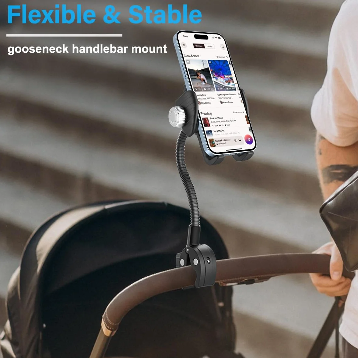 Uchwyt na telefon do wózka rowerowego, [Super stabilny], uchwyt na telefon do wózka inwalidzkiego, łodzi, wózka zakupowego, uchwyt na kierownicę z giętką szyją do iPhone 16 15 14 Pro Max