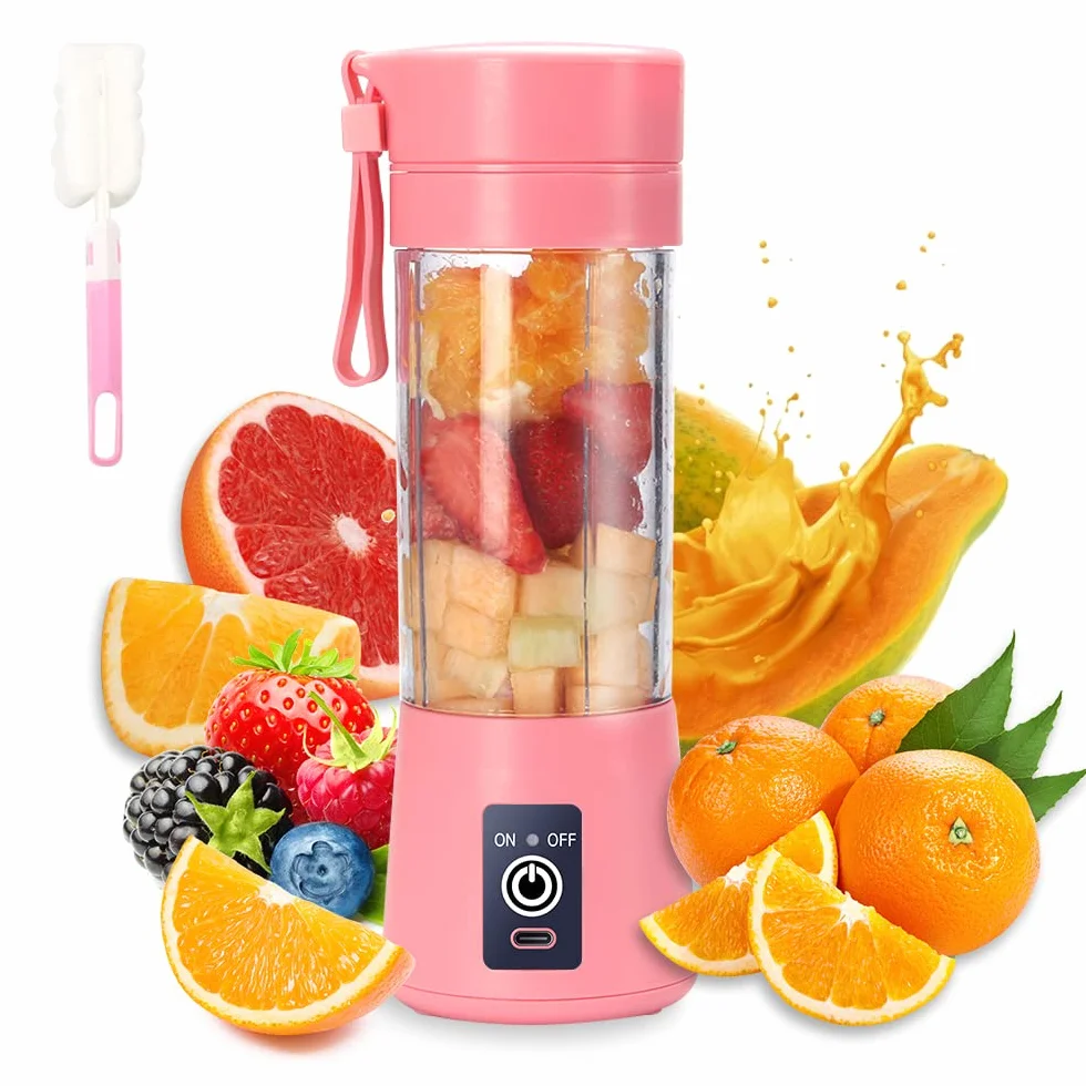 Przenośny blender, osobista wyciskarka do soku, ręczny mikser do owoców o pojemności 380 ml, ładowany przez USB, z 6 ostrzami Power Blender, podróżny, do smoothie i koktajli, różowy