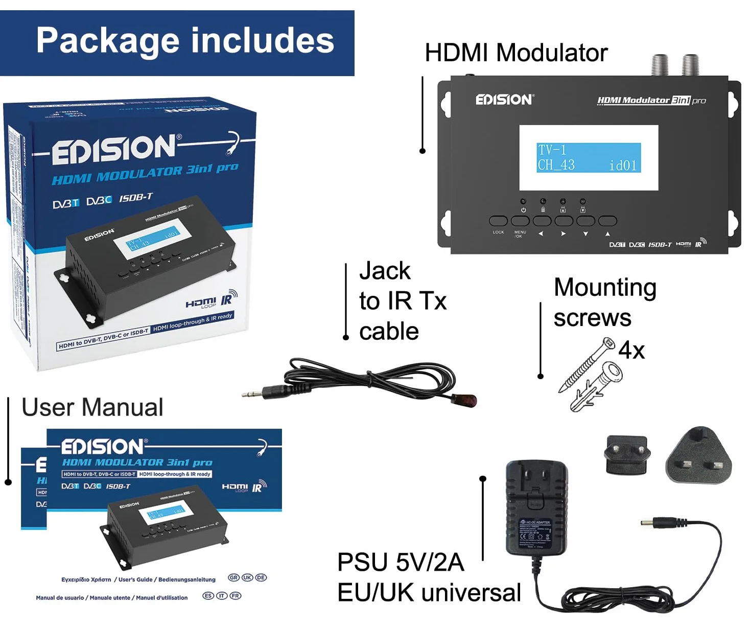 Edision HDMI Modulator 3w1 Pro, DVB-T, ISDB-T lub DVB-C, dystrybucja Full HD, HDMI-Loop, RF in, wyświetlanie LCD, szybka instalacja, Plug & Play
