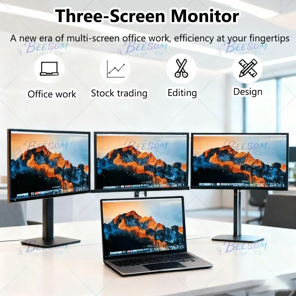 Rozszerzenie ekranu laptopa Quad Screen Extender, 14-calowy przenośny monitor HD 1080p Triple, automatyczna regulacja szerokości + obrót o 360°,funkcja Plug-Play dla laptopów 14-15,6” 15.6in