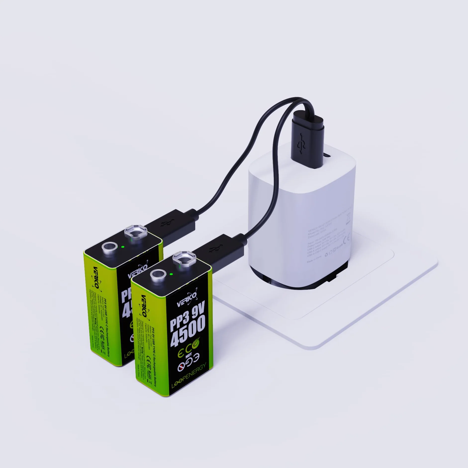 Verico LoopEnergy blok 9 V, 2 sztuki, PP3, 4500 mAh, akumulator USB-C, litowo-jonowy, 1 kabel do ładowania USB typu A na 2 x typ C