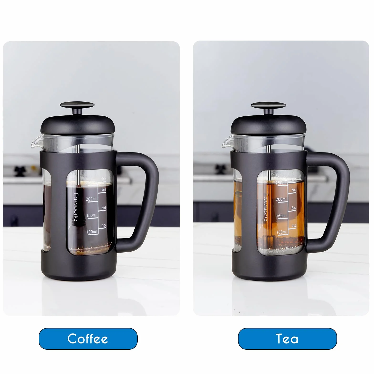 Easyworkz French Press Ekspres do kawy 350 ml, szkło borokrzemowe, antypoślizgowy uchwyt, czarny
