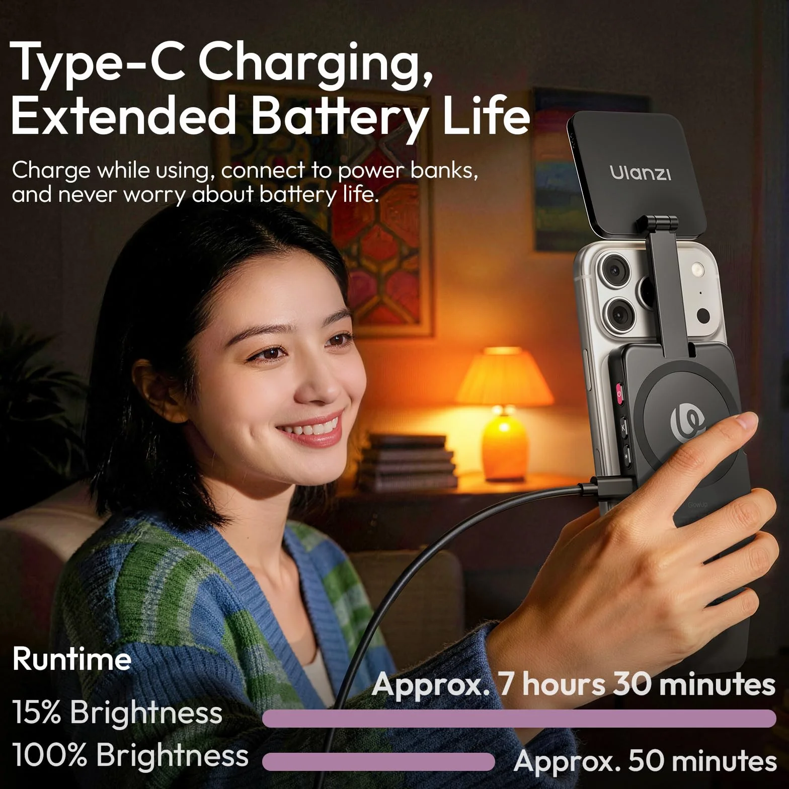 ULANZI GL01 [Aktualizacja 2026] Magnetyczna lampa do selfie do iPhone'a, dwa kwadratowe panele LED, wysuwany trzonek, ściemnialna w zakresie 2500-6500 K, kompatybilna z iPhone/Samsung (Różowy)