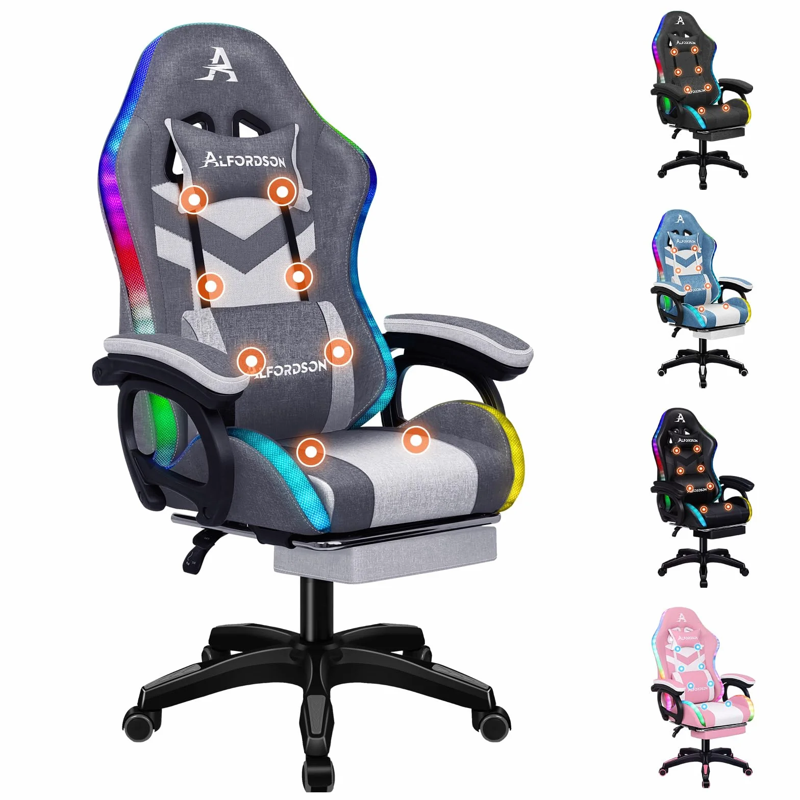 ALFORDSON krzesło gamingowe, krzesło wyścigowe z oświetleniem RGB LED, fotel do masażu komputerowego z podnóżkiem, ergonomiczne krzesło obrotowe z dźwignią, materiał, szary