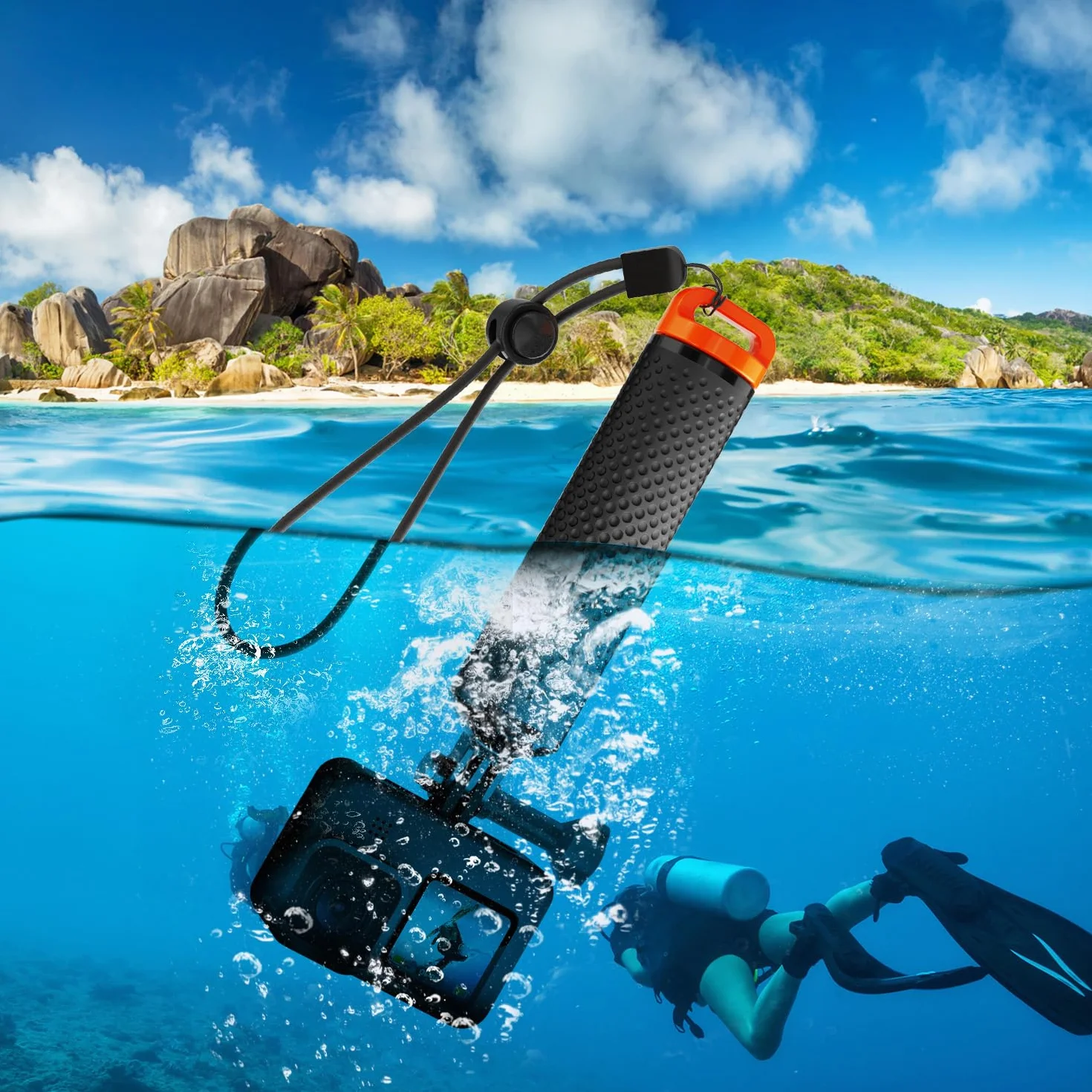 Pływający Uchwyt Wodoszczelny Kijek Monopod Akcesoria Kompatybilna z GoPro Hero 13, 12, 11, 10, 9, 8, 7, 6, 5, 4, Session, 3+, 3, Hero(2018), Max, DJI Osmo Kamery Sportowe (Pomarańczowy)