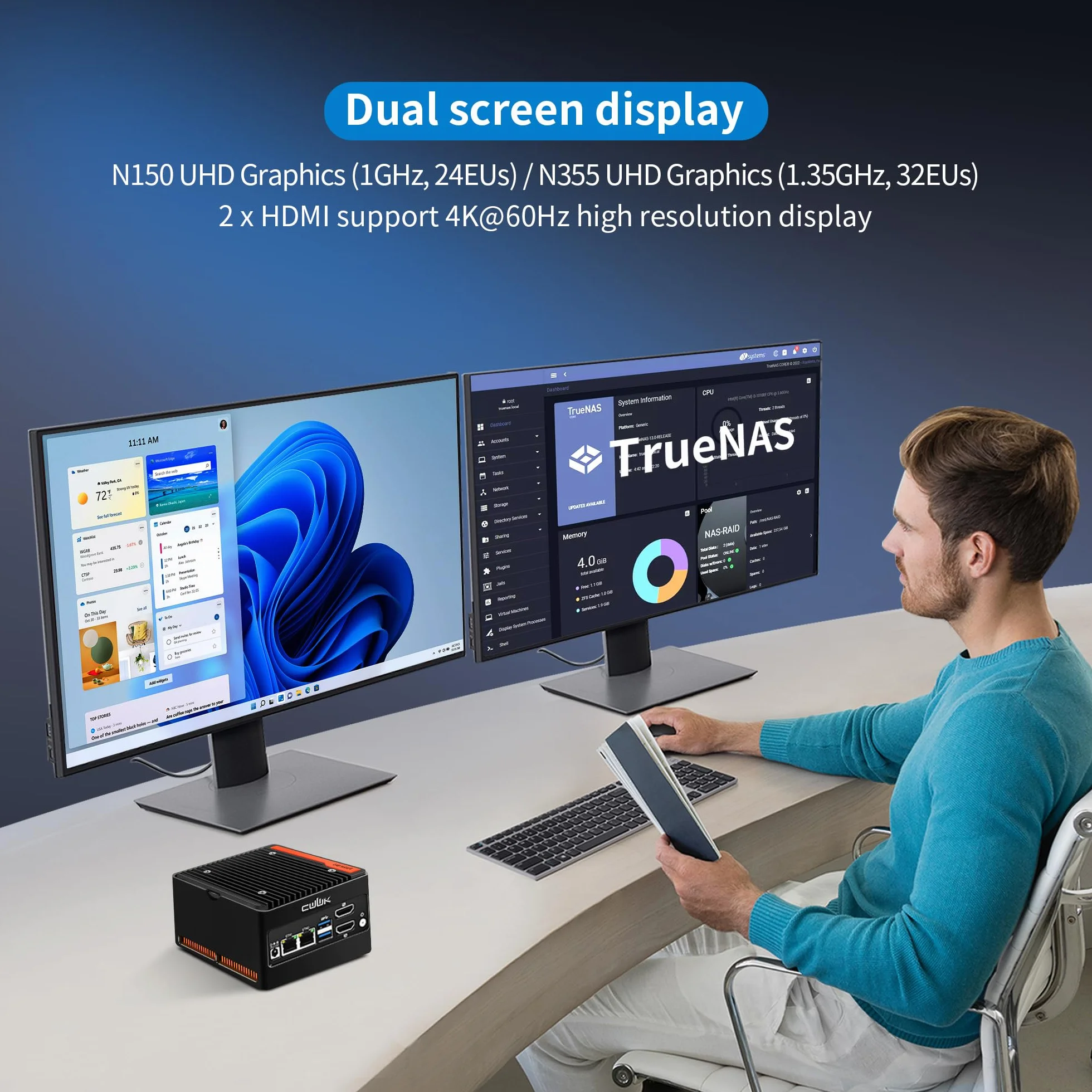 CWWK X86-P6 N150 Mini PC Pocket NAS, 4 Bay M.2 NVMe mini komputer z 2 x i226-V 2,5 GbE LAN, Micro PC Barebone DDR5, NO RAM/SSD/OS, obsługa WiFi7/BT5.4, możliwość rozszerzenia, 2 wyświetlacze, USB 3.2