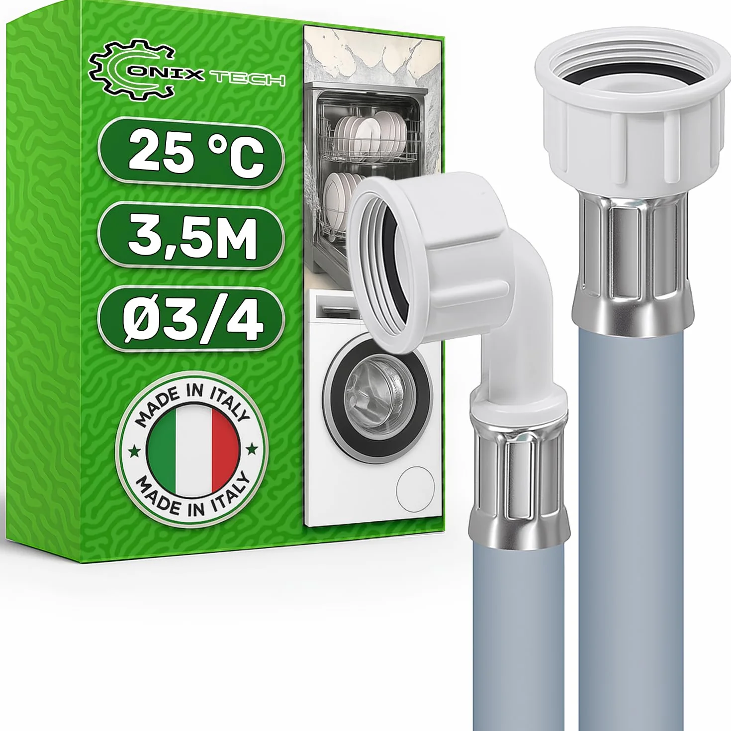 Wąż do pralki i zmywarki 3,5 m do doprowadzania wody z zaworami Ø 3/4" Ciśnienie od 20 do 60 bar dla temperatur do 25°C - MADE IN ITALY - 5 lat - ONIX TECH