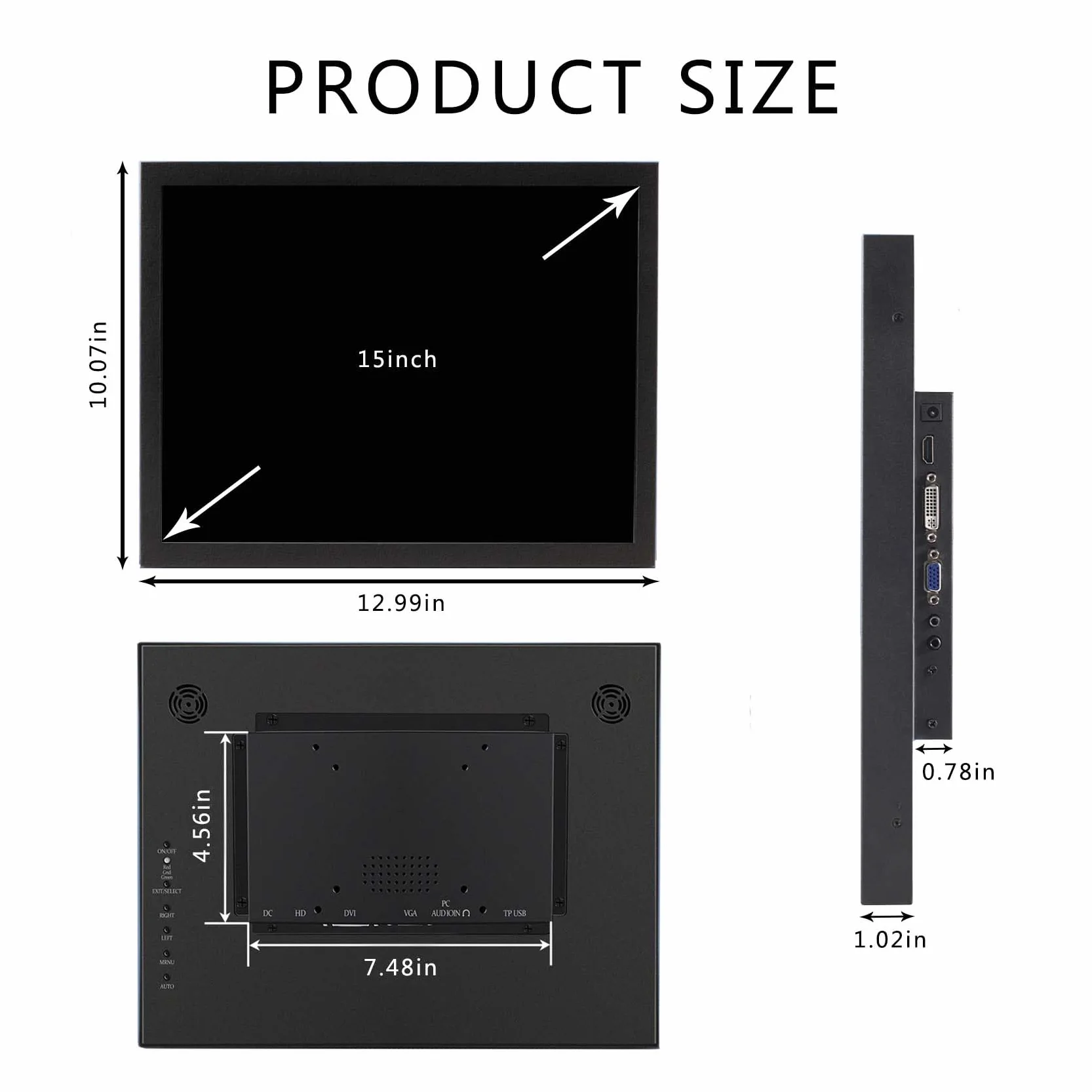 VSDISPLAY Monitor przemysłowy, 15-calowy ekran LCD IPS 1024 x 768 400 nitów z wejściem wideo VGA DVI