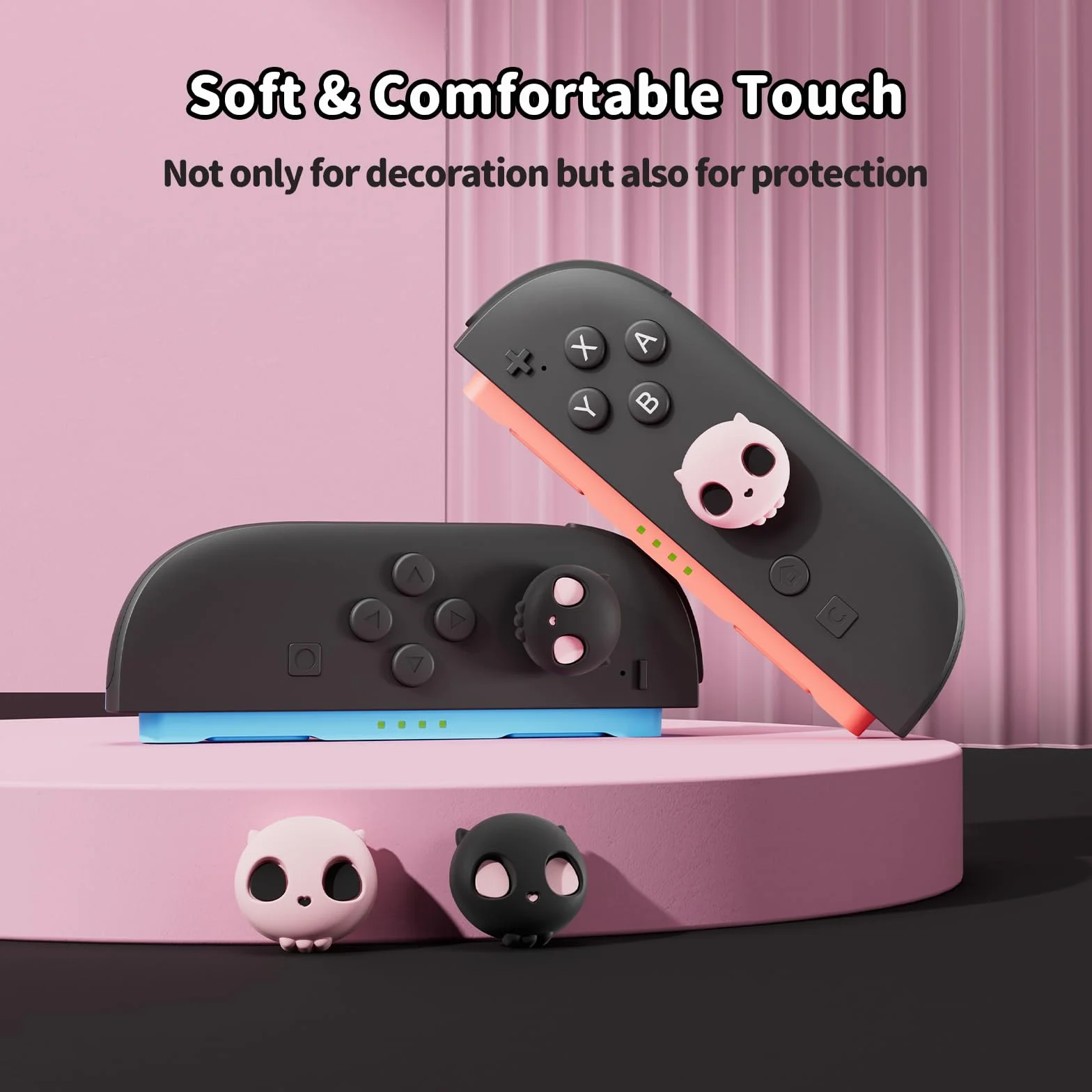 GeekShare Nasadki joysticka z czaszką, kompatybilne z Switch 2, antypoślizgowe, silikonowe nakładki na kciuk do Switch 2025, czarne i różowe, 4 sztuki