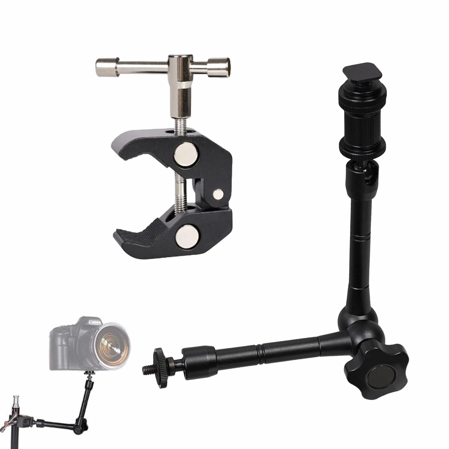 Comioke Przegub Magic Arm z Super Clamp, Magic Arm, ramię przegubowe, uchwyt na kamerę, zacisk z uchwytem na zimne buty 1/4", do monitora, światła LED, mikrofonu (11 cala)