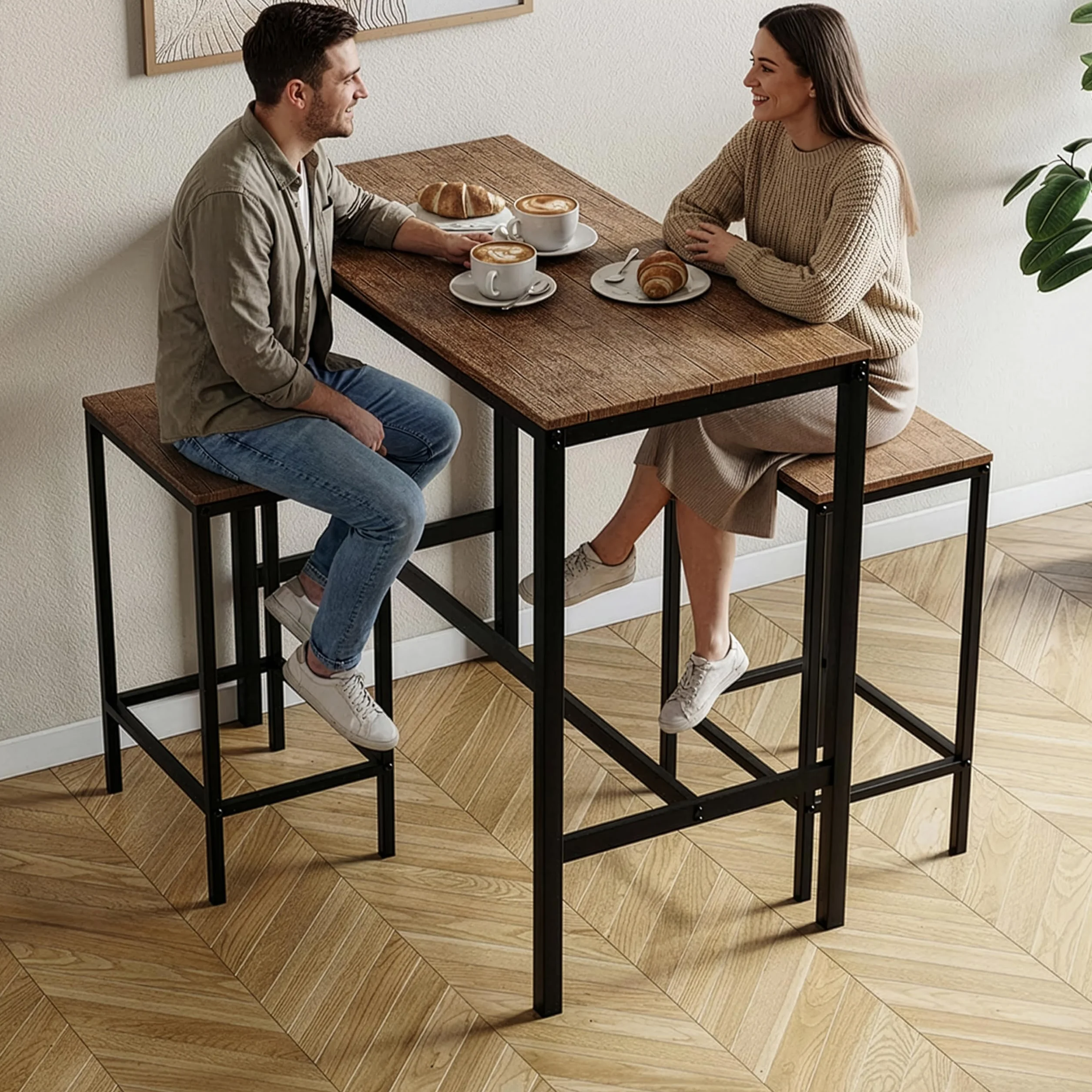 Vida Designs Roslyn 2-osobowy stół barowy z 2 stołkami barowymi, rama ze stali przemysłowej (ciemne drewno)