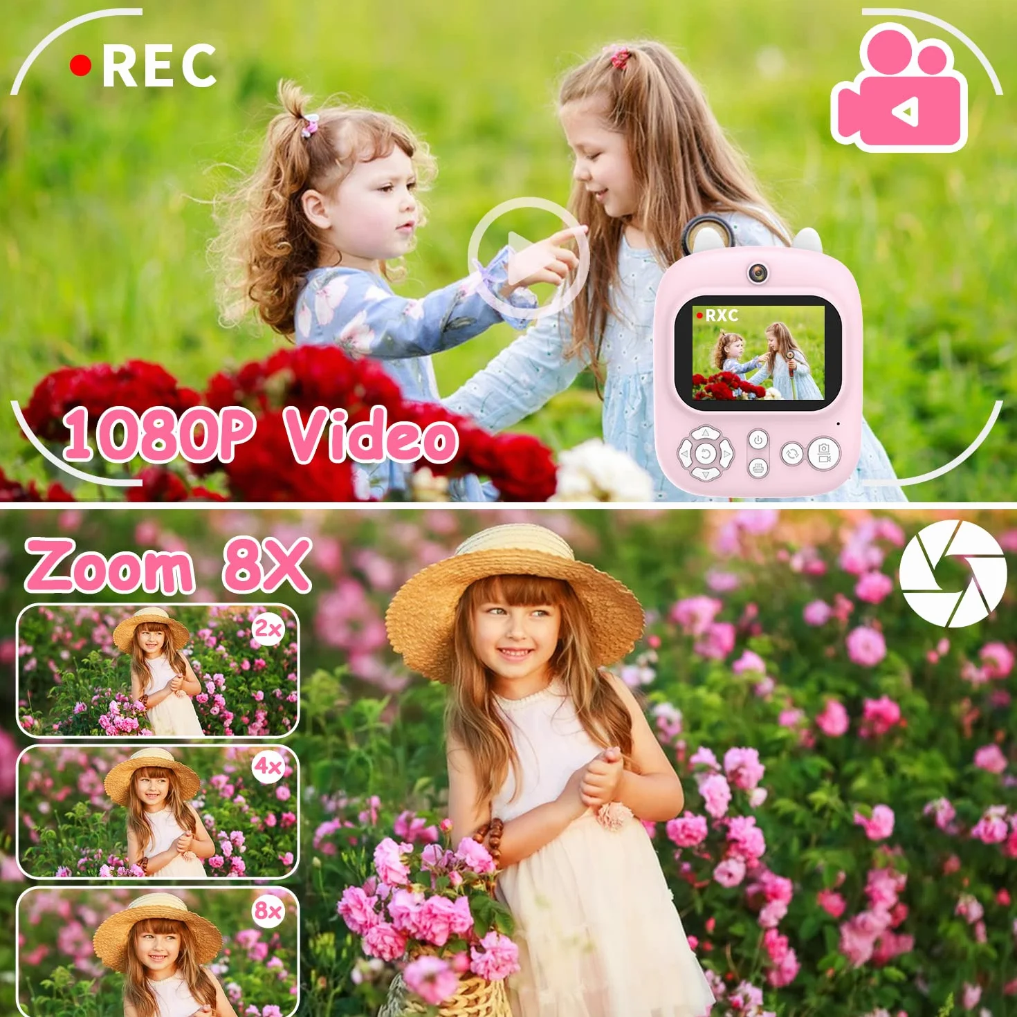 HONGXIN Aparat dla dzieci, 2,4 cala, natychmiastowy aparat dla dzieci z kartą SD 32 GB i papierem do drukowania, kamera 12 MP/1080P HD, aparat cyfrowy dla dzieci, prezent dla dzieci w wieku 3-12 lat