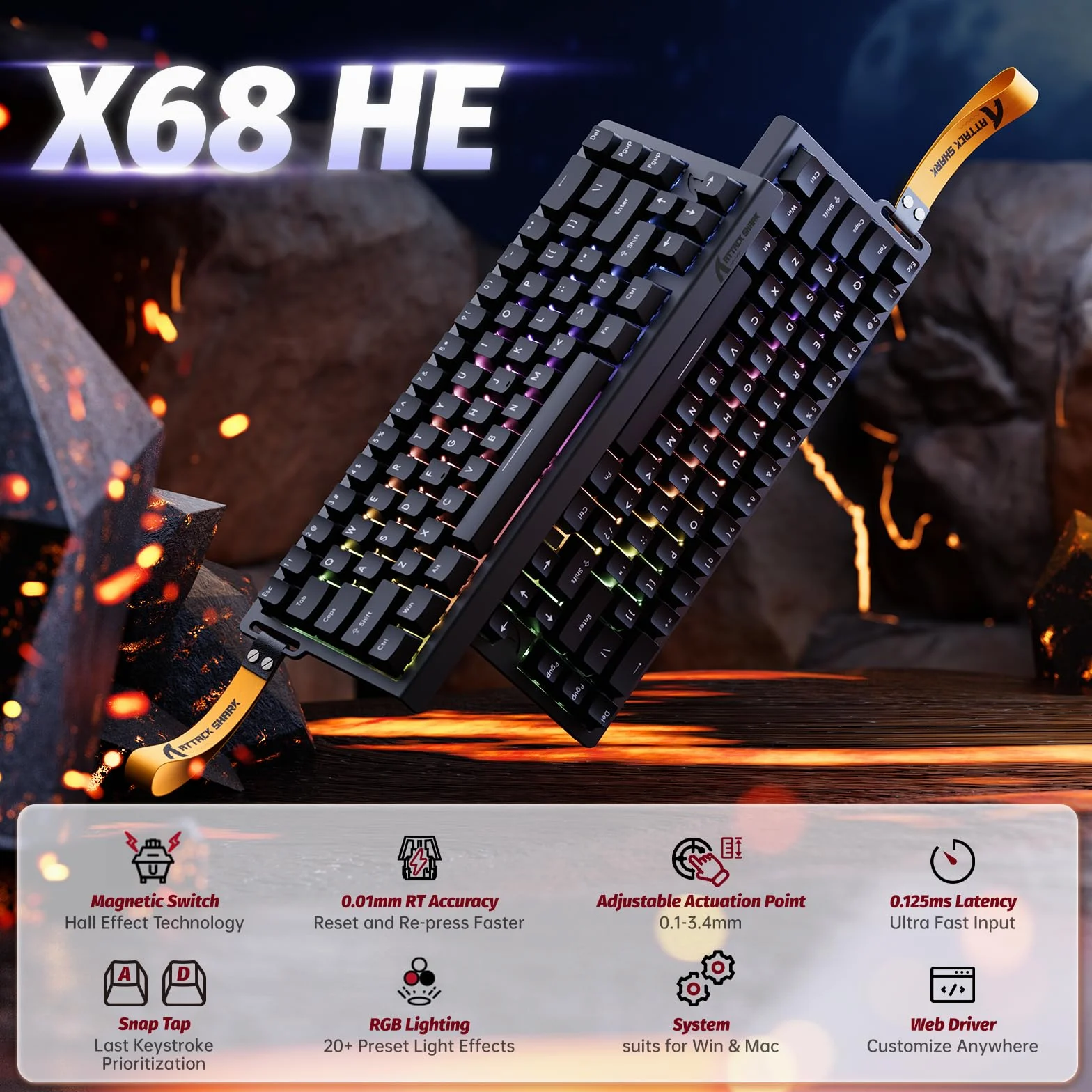 ATTACK SHARK X68 HE 8000 Hz Rapid Trigger Klawiatura 0,01 mm Przewodowa RGB 60% Przełączniki Magnetyczne Czarna