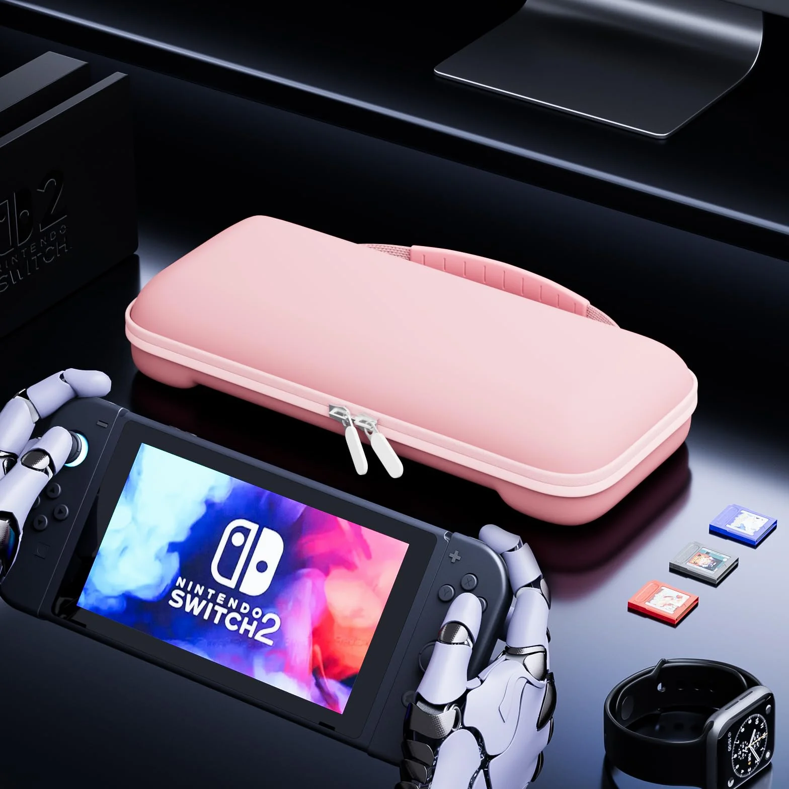 ProCase Tragetasche für 2025 Nintendo Switch 2, z 24 gniazdami na karty, twarda torba podróżna na konsolę - różowa, standardowa