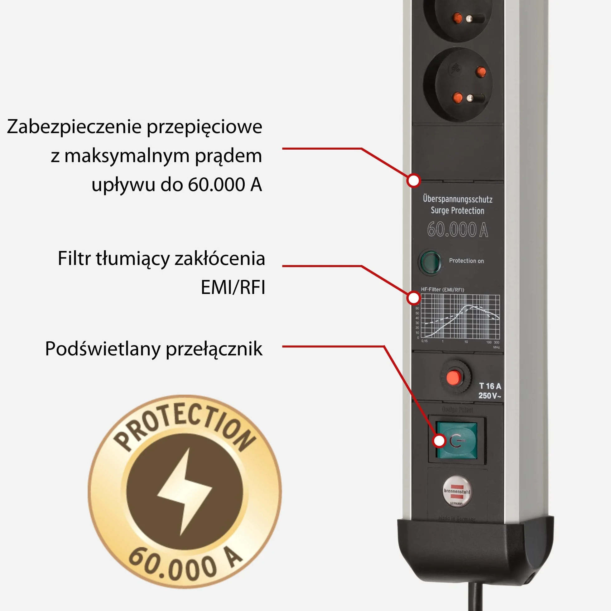 Brennenstuhl Premium-Protect-Line listwa zasilajaca 4-gniazda z ochrona przepieciowa 60.000 A (kabel 3m, z wylacznikiem, Made in Germany) srebrno/czarna
