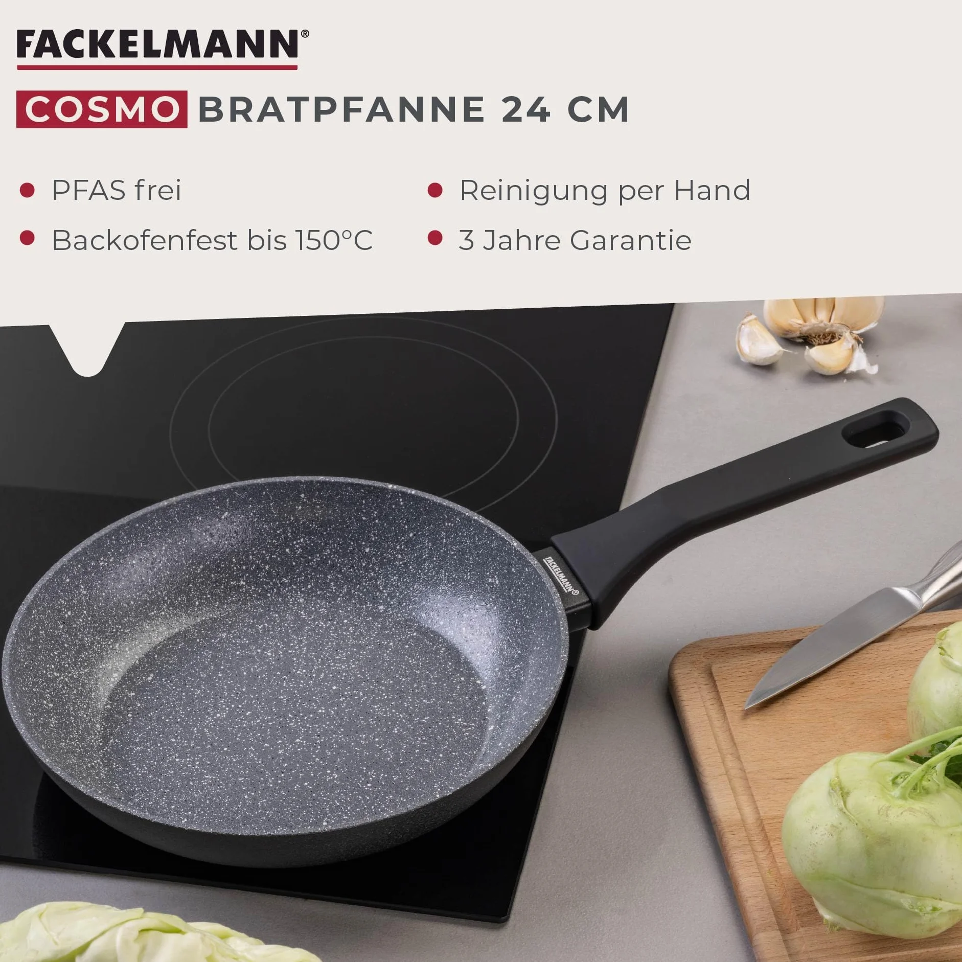 Fackelmann Patelnia Cosmo 24 cm z tłoczonego aluminium, powłoka ceramiczna, uchwyt Soft-Touch