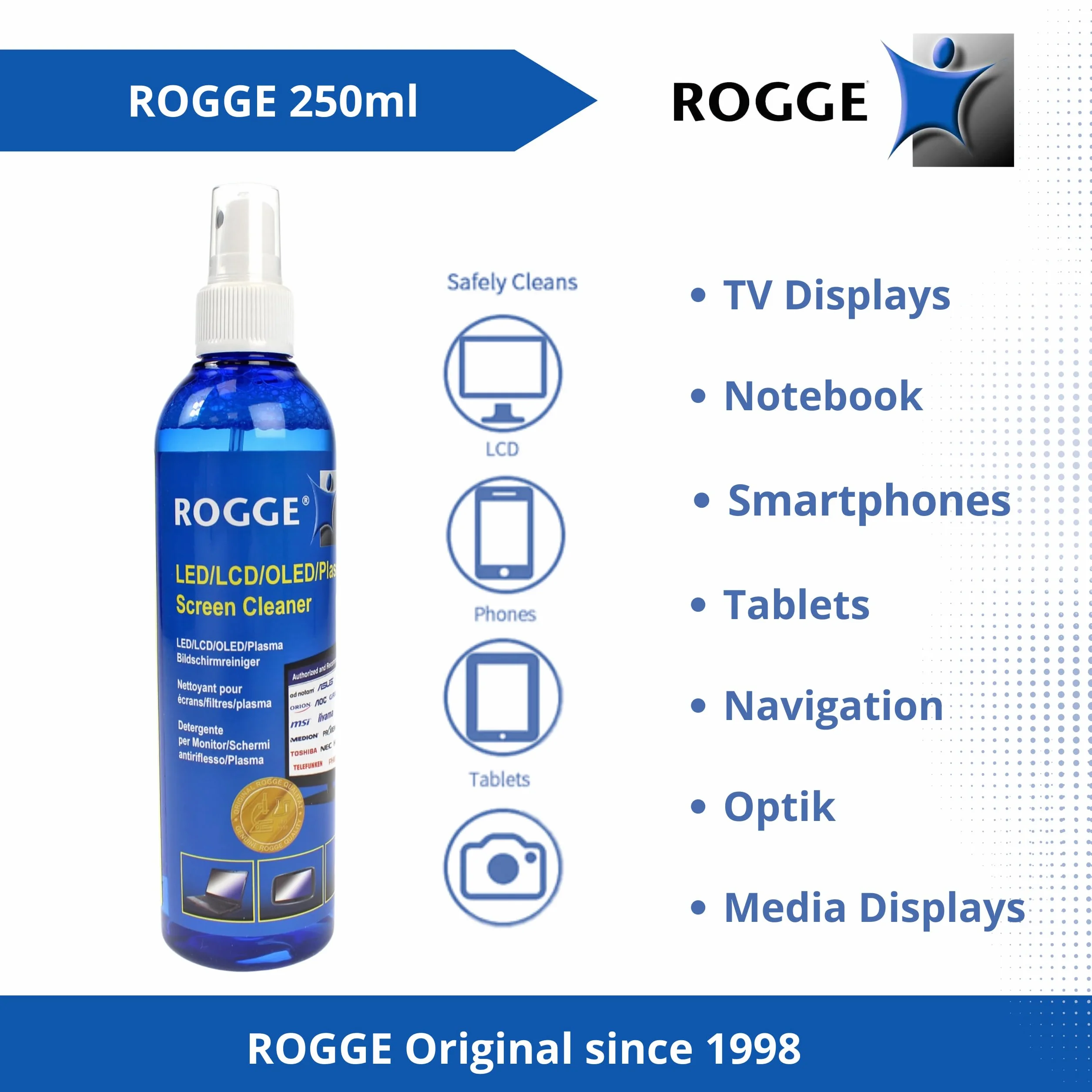 ROGGE 250 ml oryginalny, LCD - TFT - LED - TV - wyświetlacze dotykowe + plazmowy środek do czyszczenia ekranów. Oryginalny produkt od 1998 roku