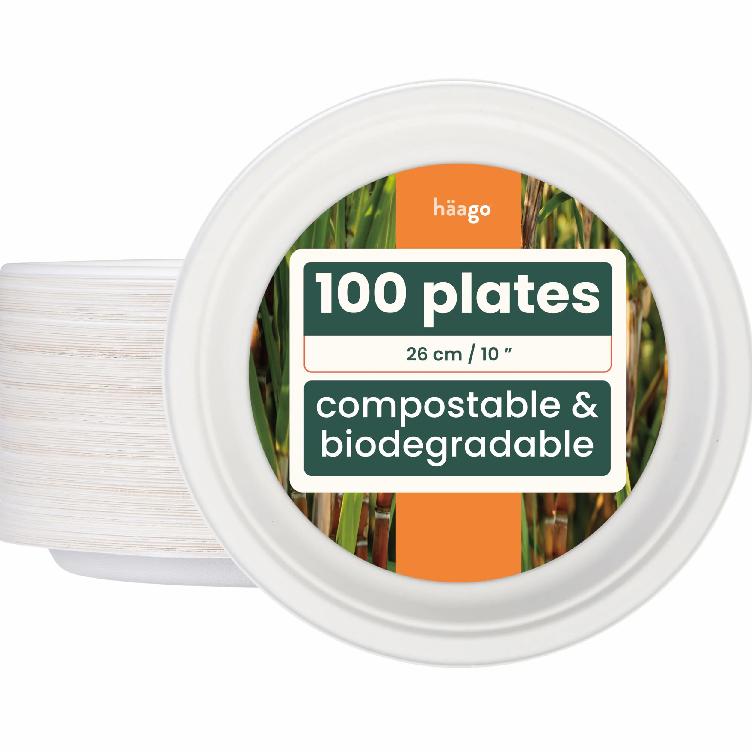 HAAGO 100 biodegradowalnych jednorazowych talerzy z trzciny cukrowej (26cm) - Duże talerze imprezowe - solidne, sztywne i wodoodporne - przyjazne dla środowiska i kompostowalne