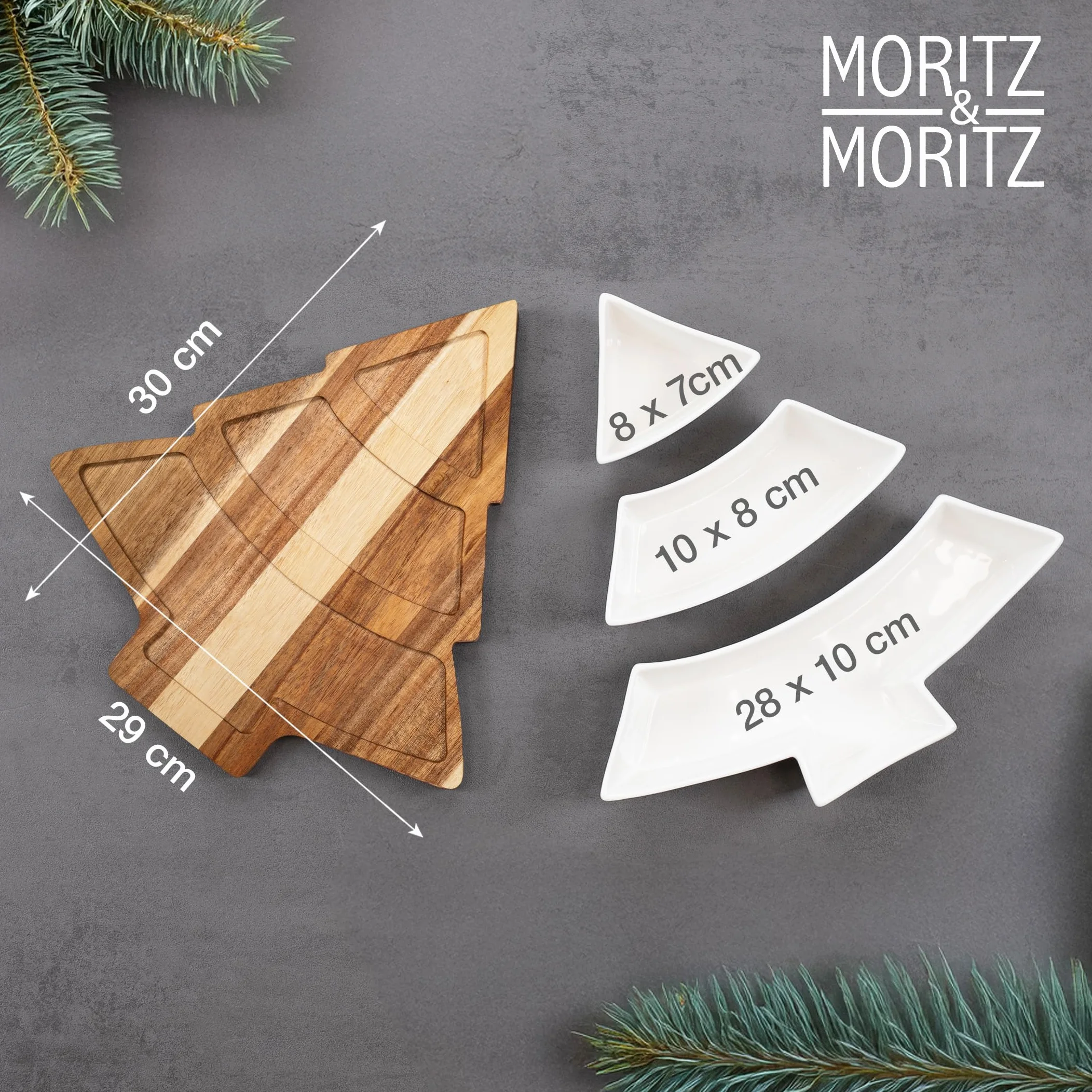 Moritz & Moritz Zestaw miseczek do serwowania Boże Narodzenie Choinka - zestaw miseczek do dipów z drewnianą tacy z drewna akacjowego - ceramiczne miseczki na przekąski, dip, ciastka i świąteczne